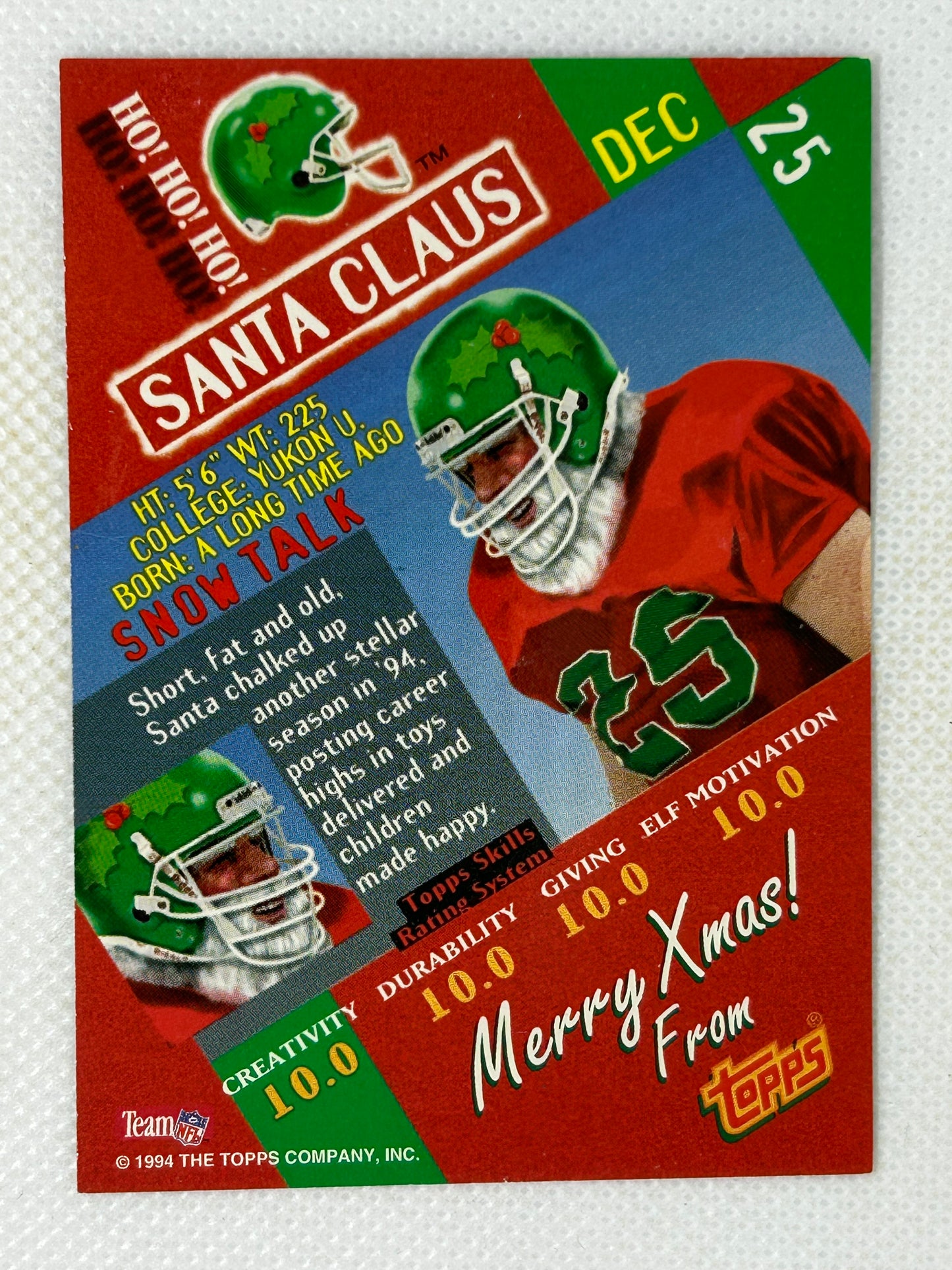 1994 Topps NFL #25 Santa Claus Card Seasons Greetings