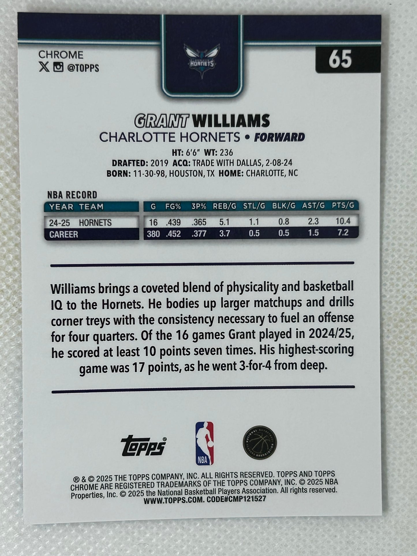 2025-26 Topps Chrome Grant Williams Red White Blue Refractor #65 Charlotte Hornets