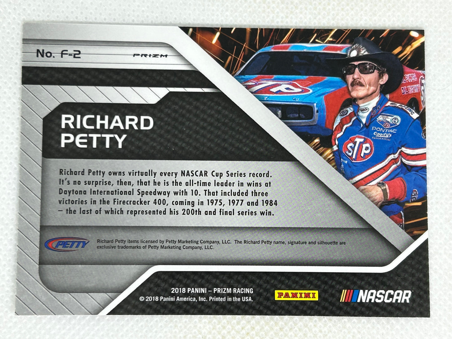 2018 Panini Prizm Racing NASCAR Fireworks Silver Prizm Holo #F-2 Richard Petty Signed Card