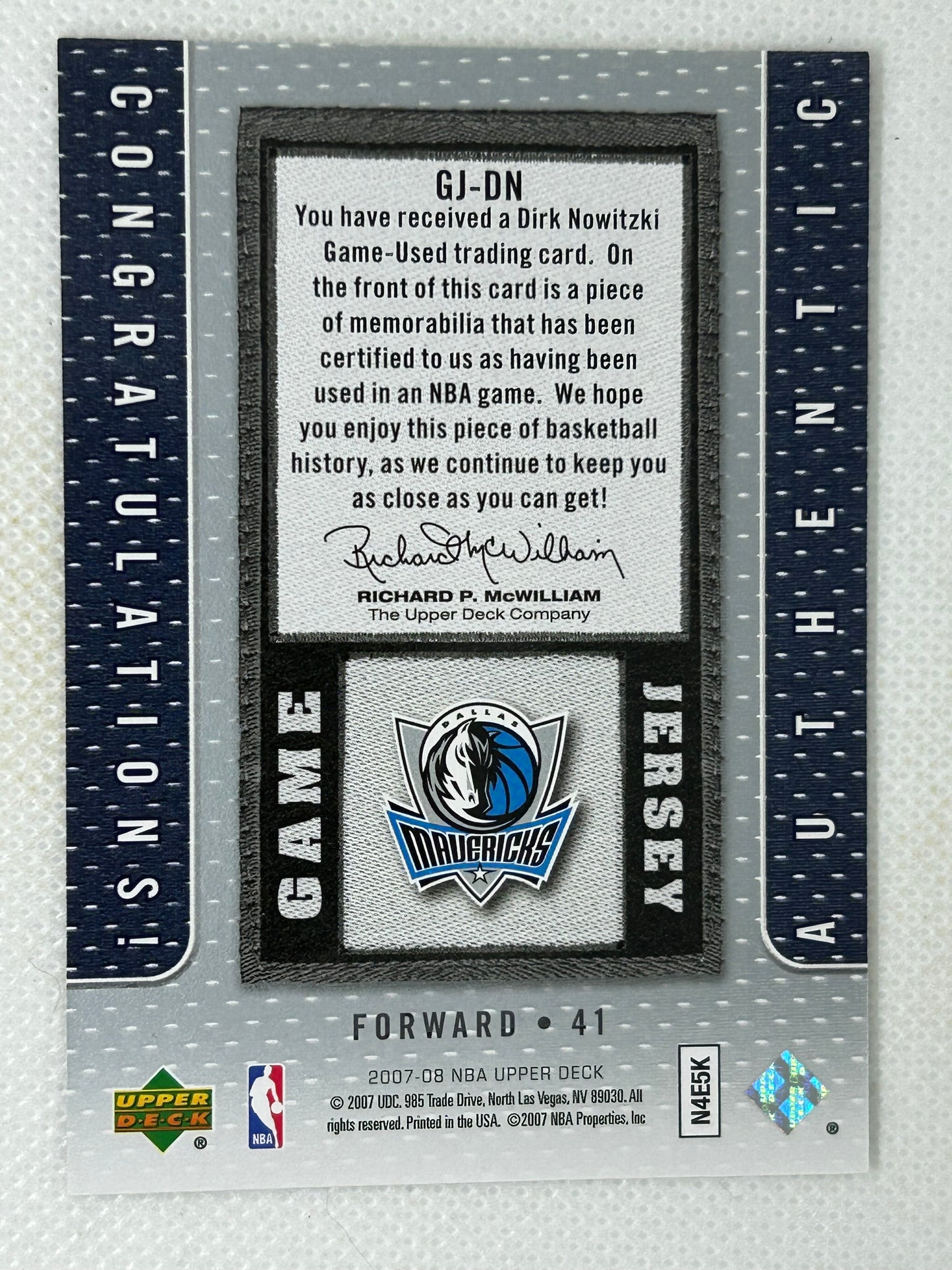 2007-08 Upper Deck Game Jersey Dirk Nowitzki #GJ-DN Dallas Mavericks