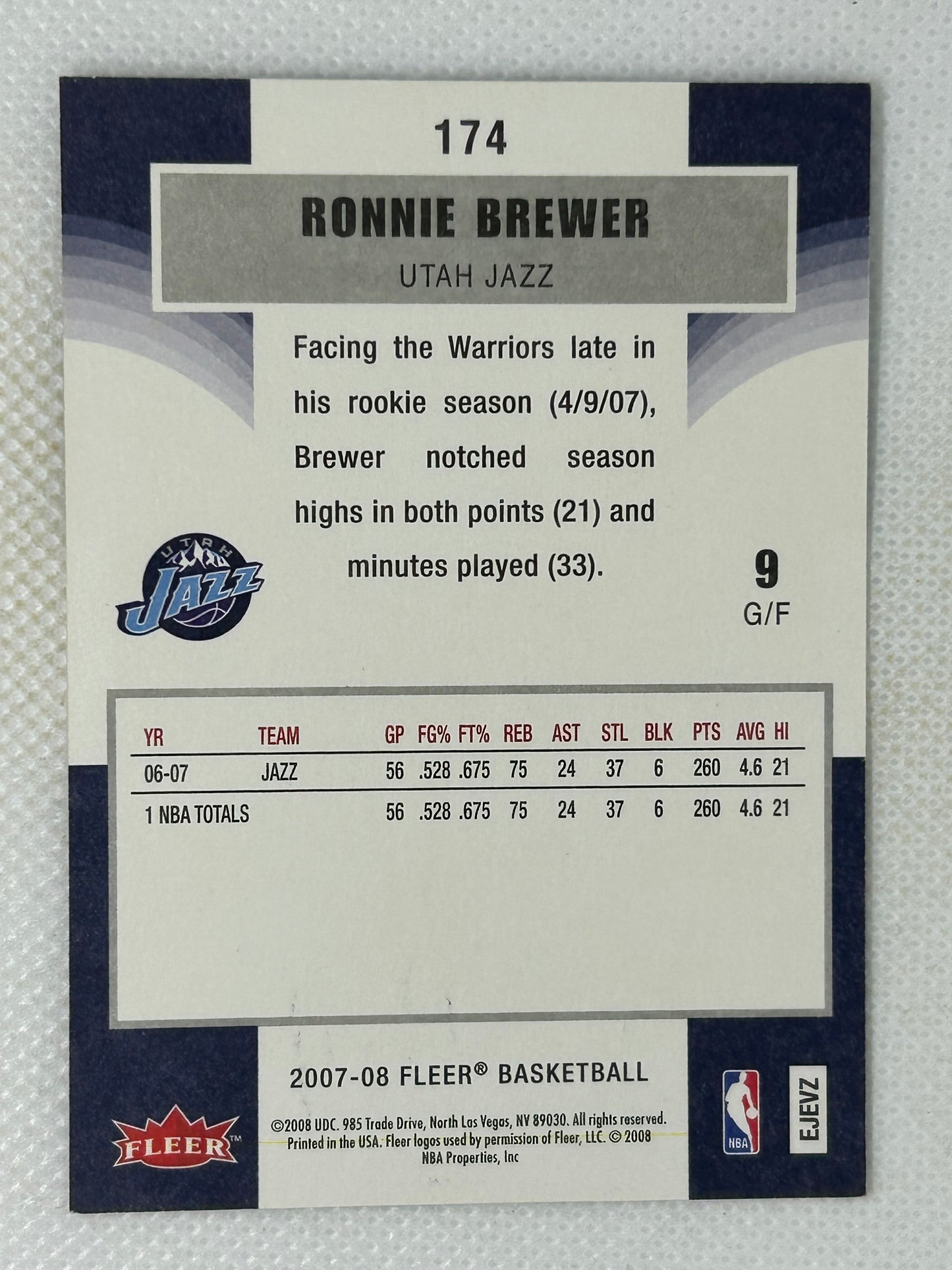 2007-08 Fleer #174 Ronnie Brewer Utah Jazz Signed Card