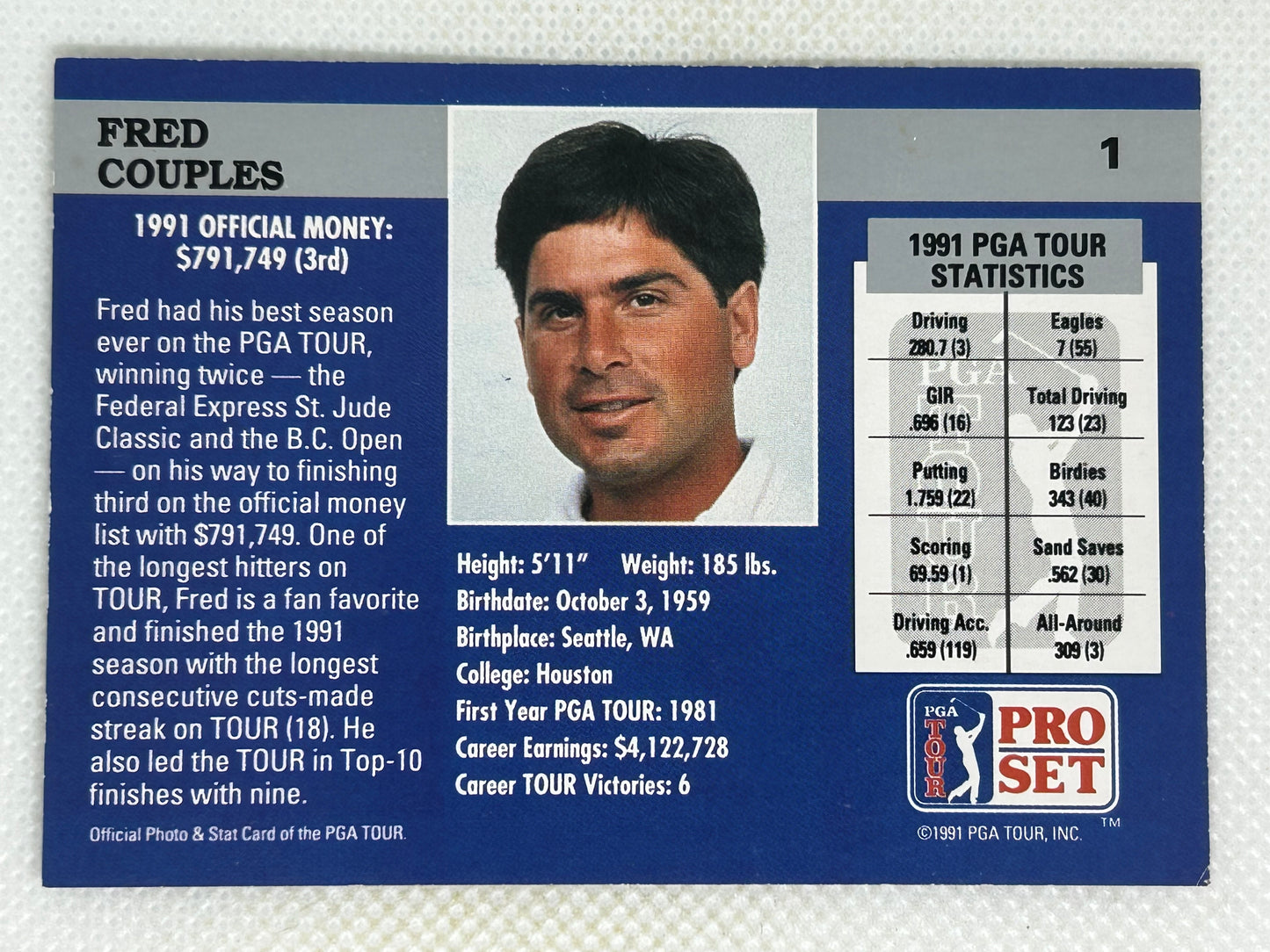 1992 Pro Set PGA Tour Golf Fred Couples #1 Signed Card
