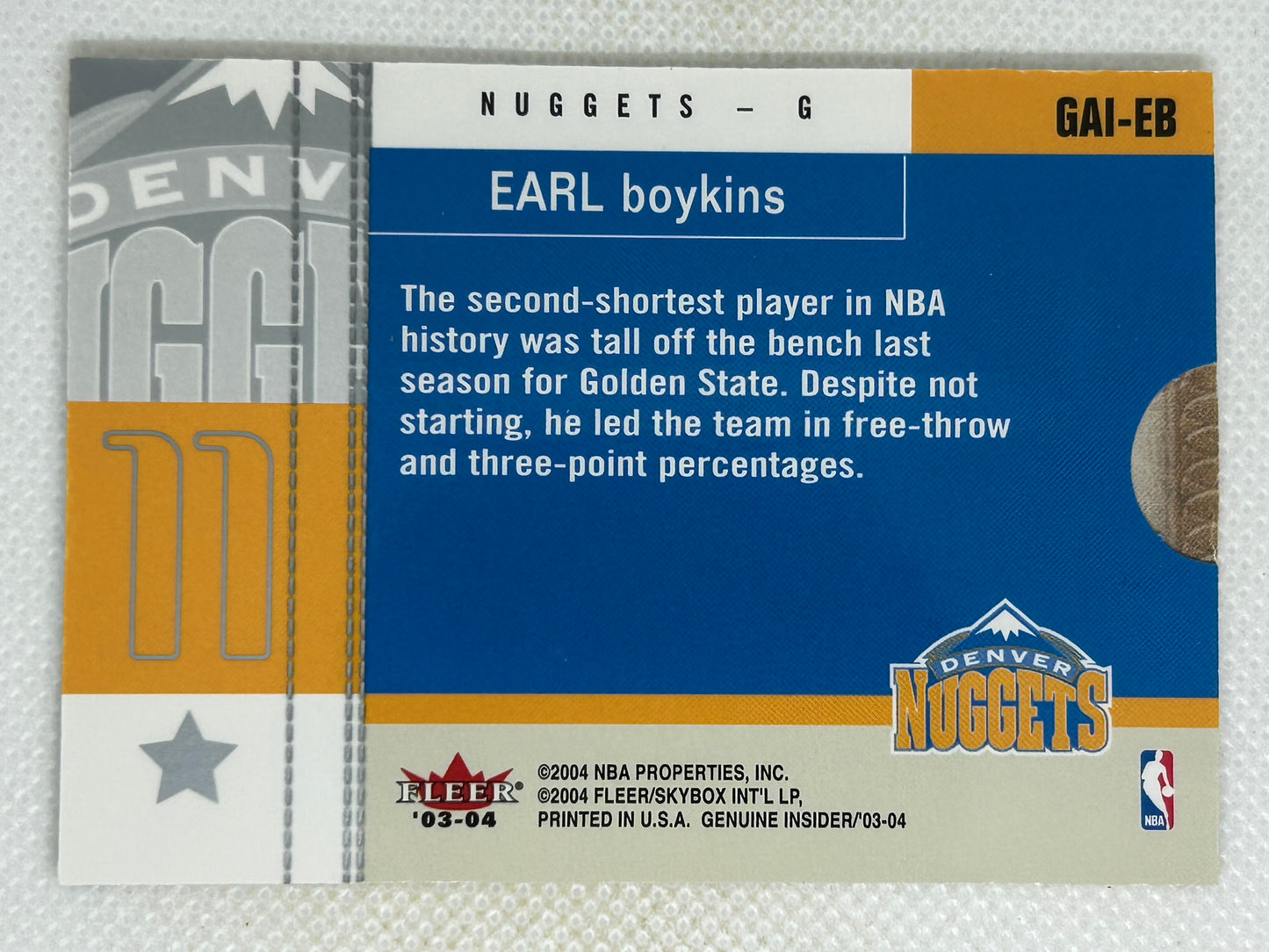 2003-04 Fleer Genuine Insider Autograph #GAI-EB Earl Boykins Denver Nuggets