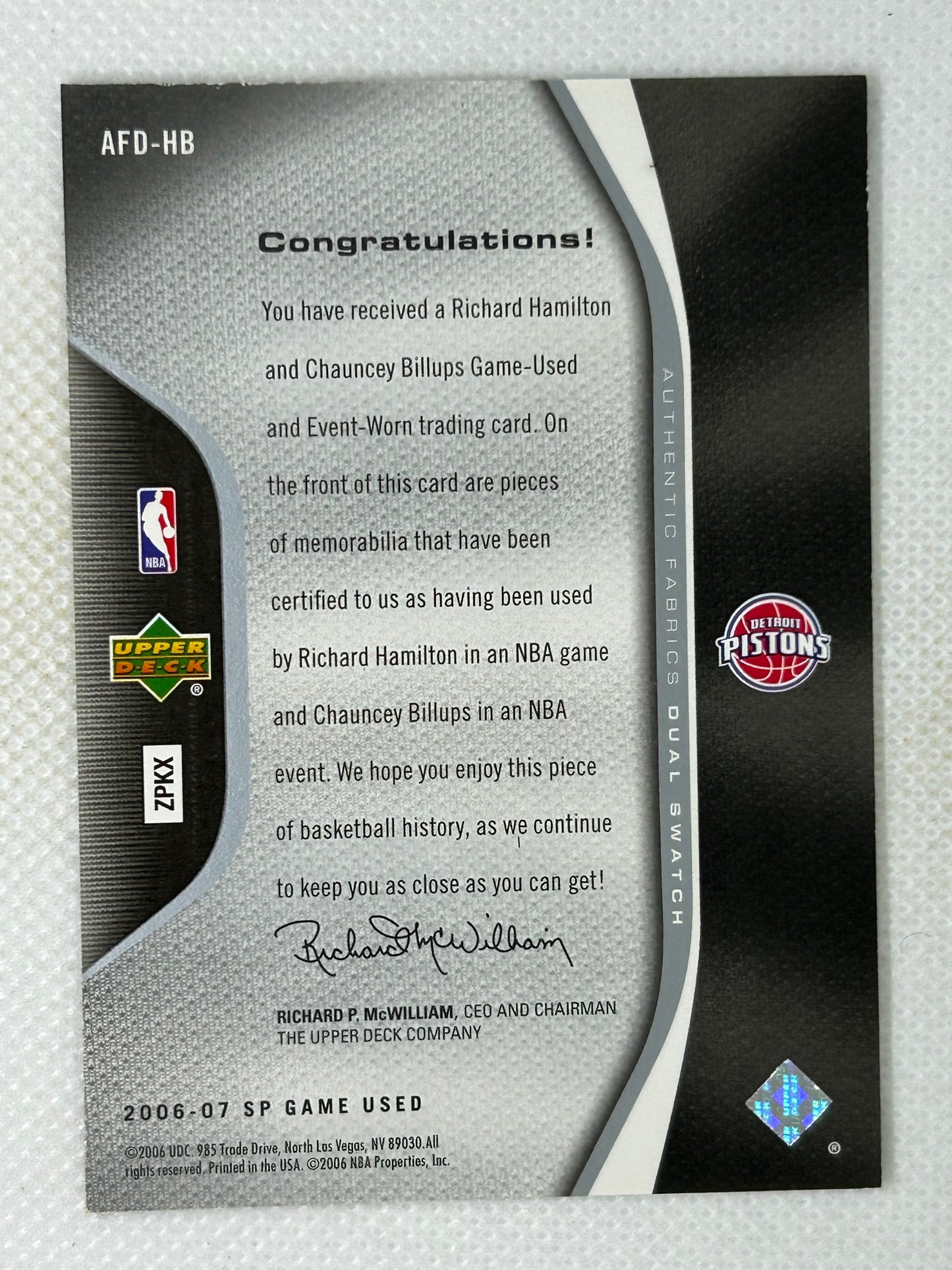 2006-07 Upper Deck SP Game Used Edition /100 Richard Hamilton Chauncey Billups #AFD-HB Detroit Pistons
