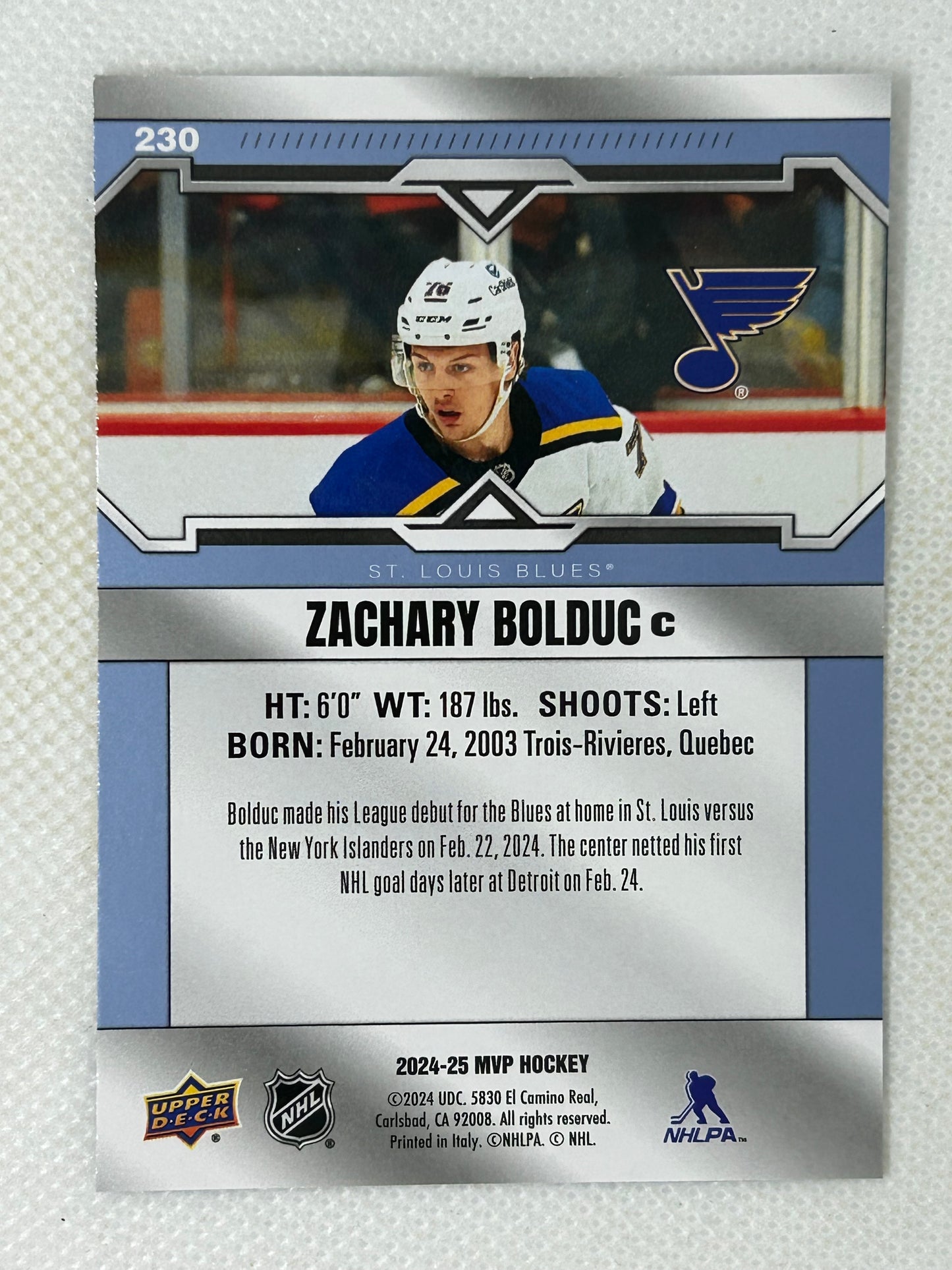 2024-25 Upper Deck MVP - SP Rookies Zachary Bolduc #230 St. Louis Blues