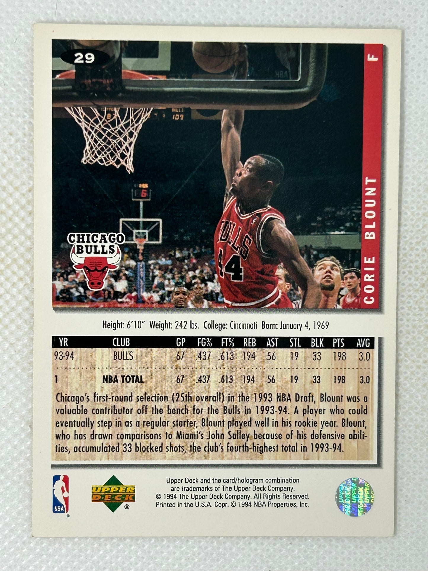 1994-95 Upper Deck Collector's Choice Basketball Corie Blount #29 Chicago Bulls Signed Card
