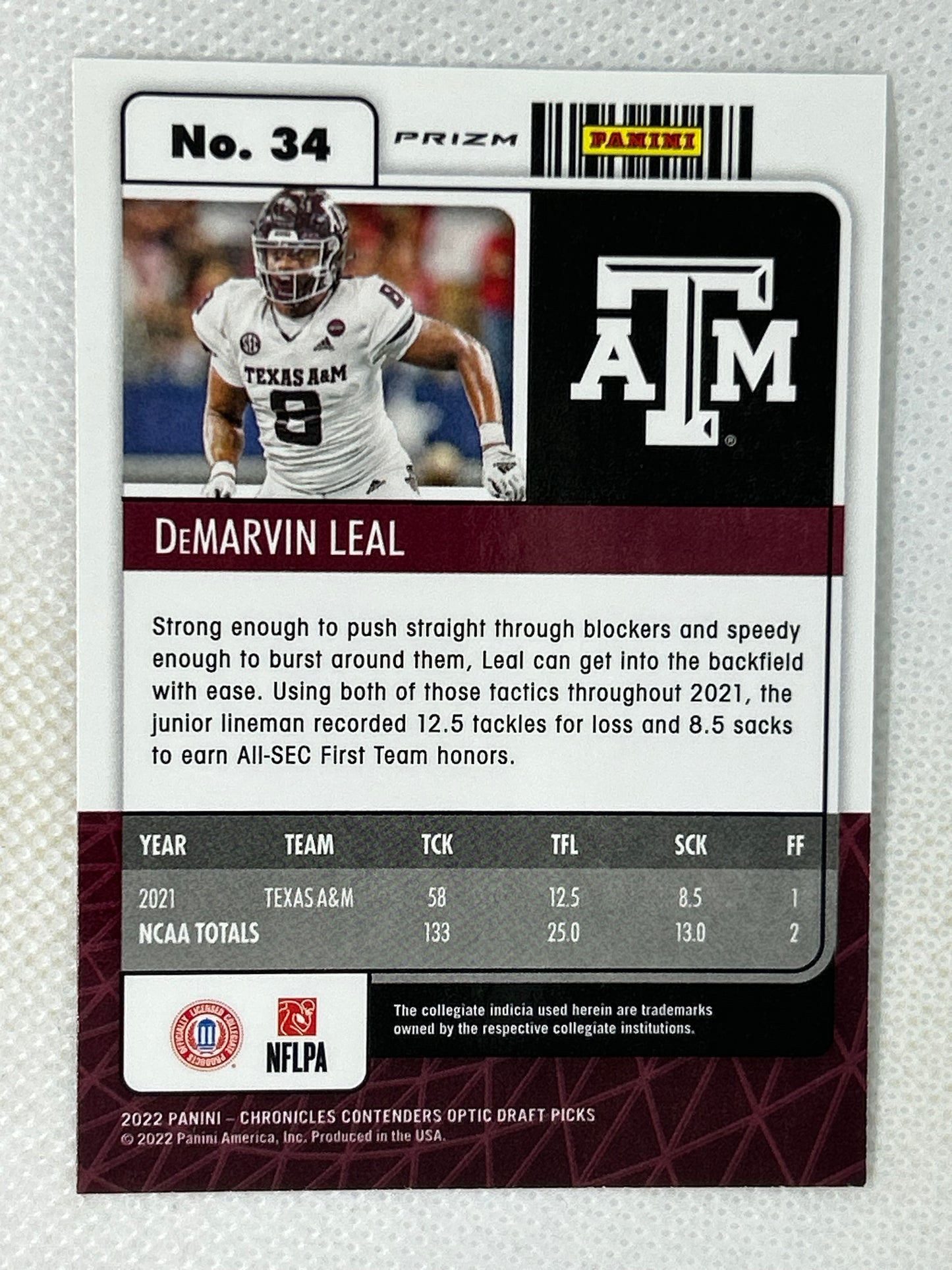 2022 Panini Contenders Optic College Ticket Rookie Silver Prizm DeMarvin Leal #34 Texas A&M Aggies