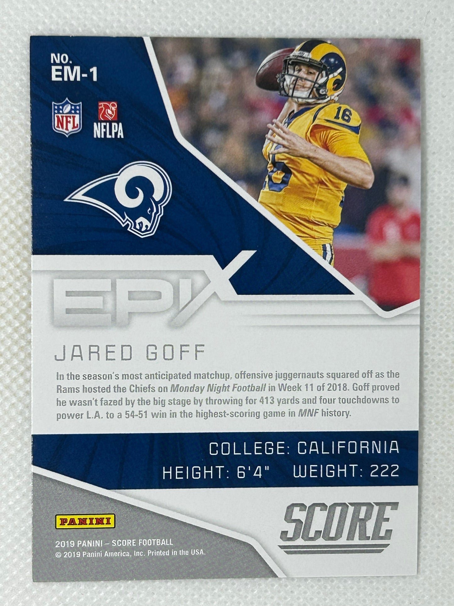 2019 Panini Score Epix Moment #EM-1 Jared Goff Los Angeles Rams