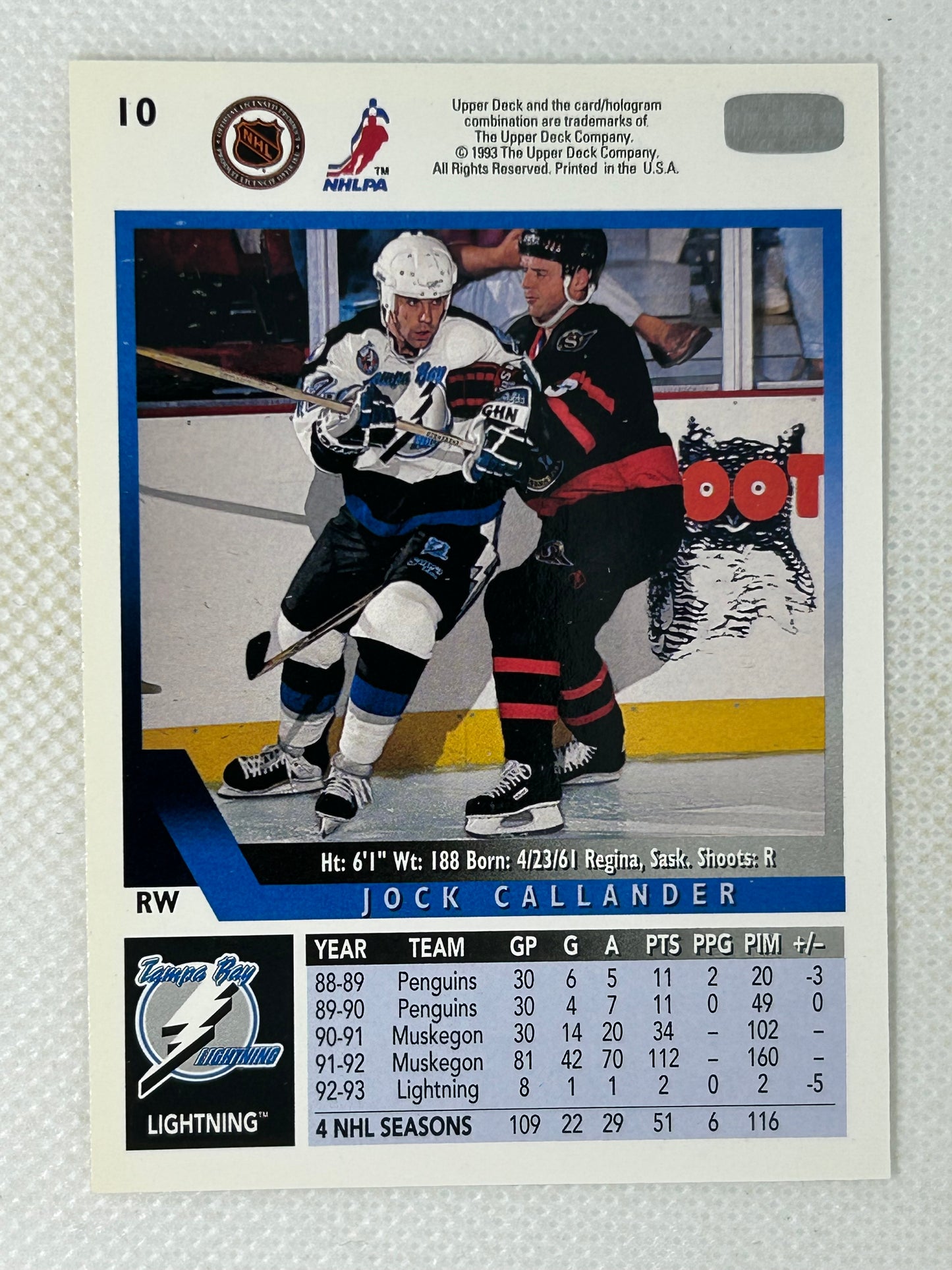 1993-94 Upper Deck Jock Callander #10 Tampa Bay Lightning Signed Card