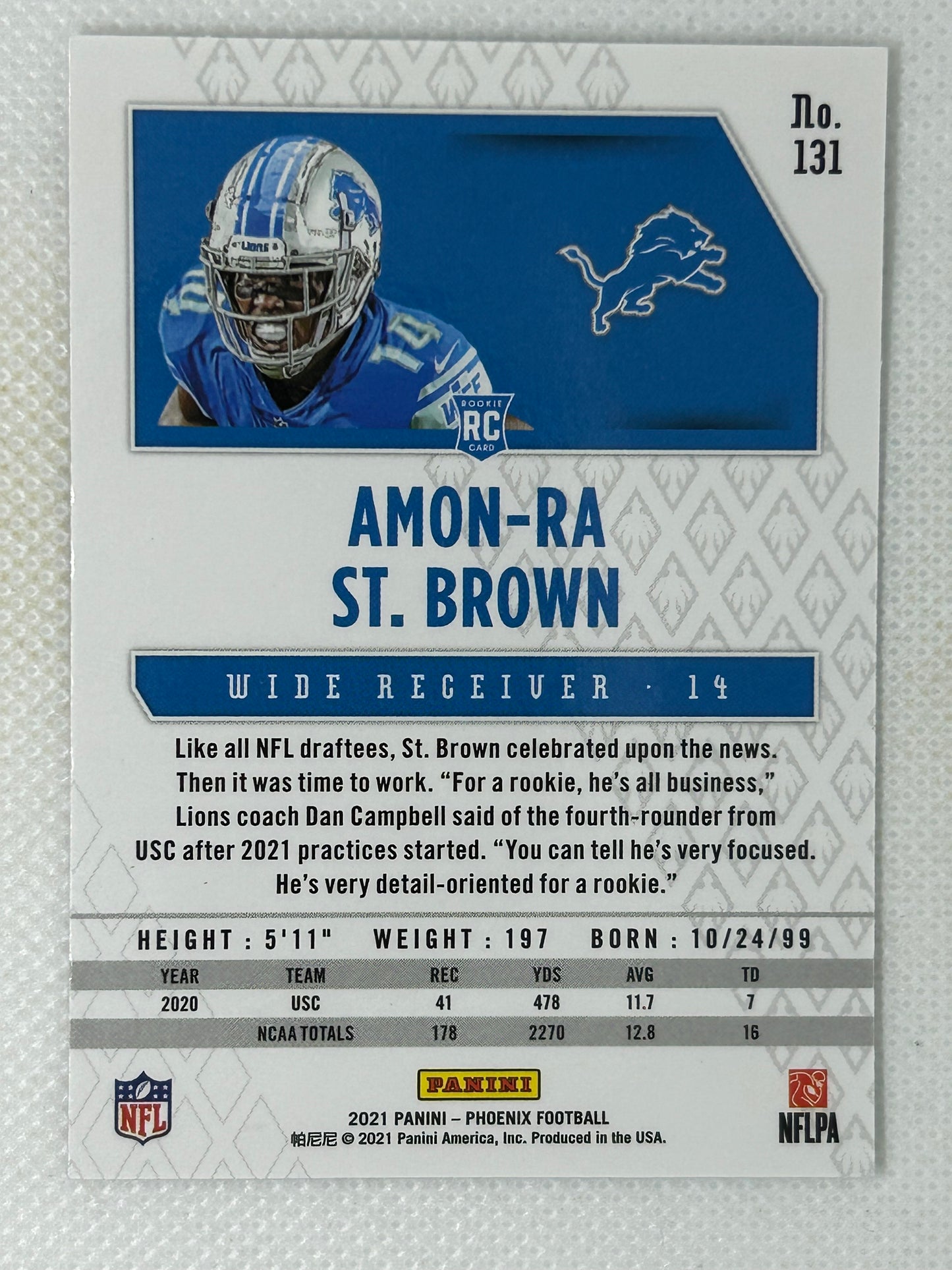 2021 Panini Phoenix Rookie Card Amon-Ra St. Brown #131 Detroit Lions Signed Card