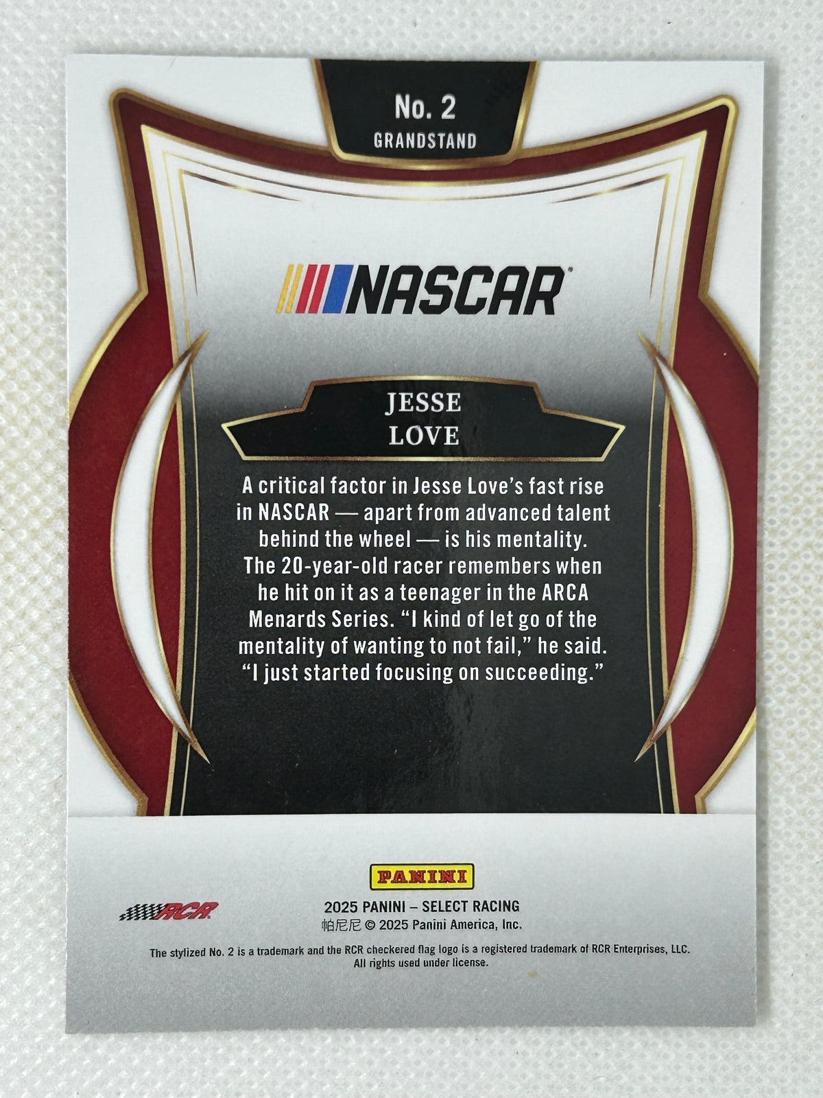2025 Panini Select Racing Grandstand #2 Jesse Love Signed Card