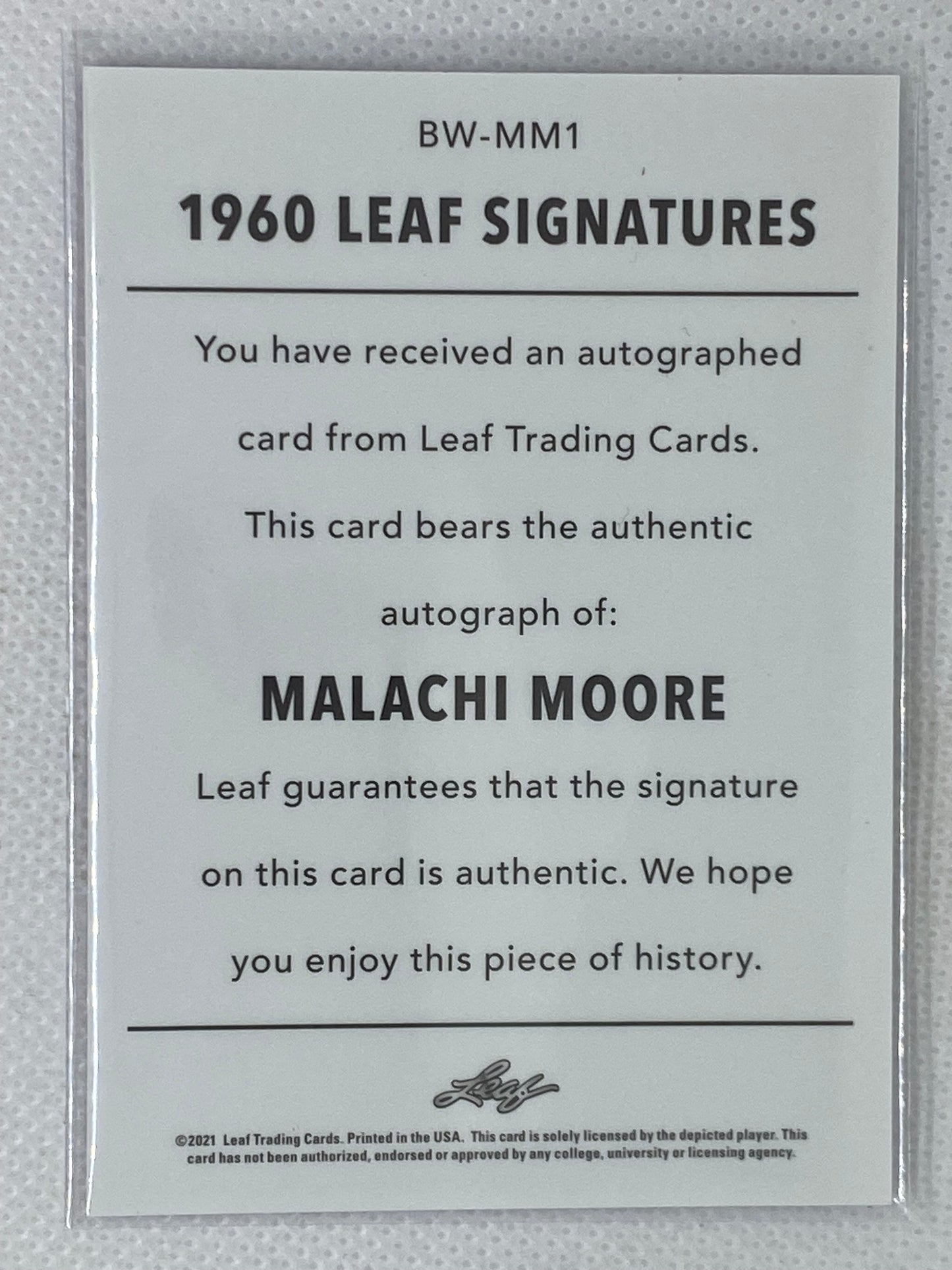 2021 Leaf Memories 1960 Base Purple Spectrum /30 Malachi Moore #BW-MM1 Autograph Alabama Crimson Tide
