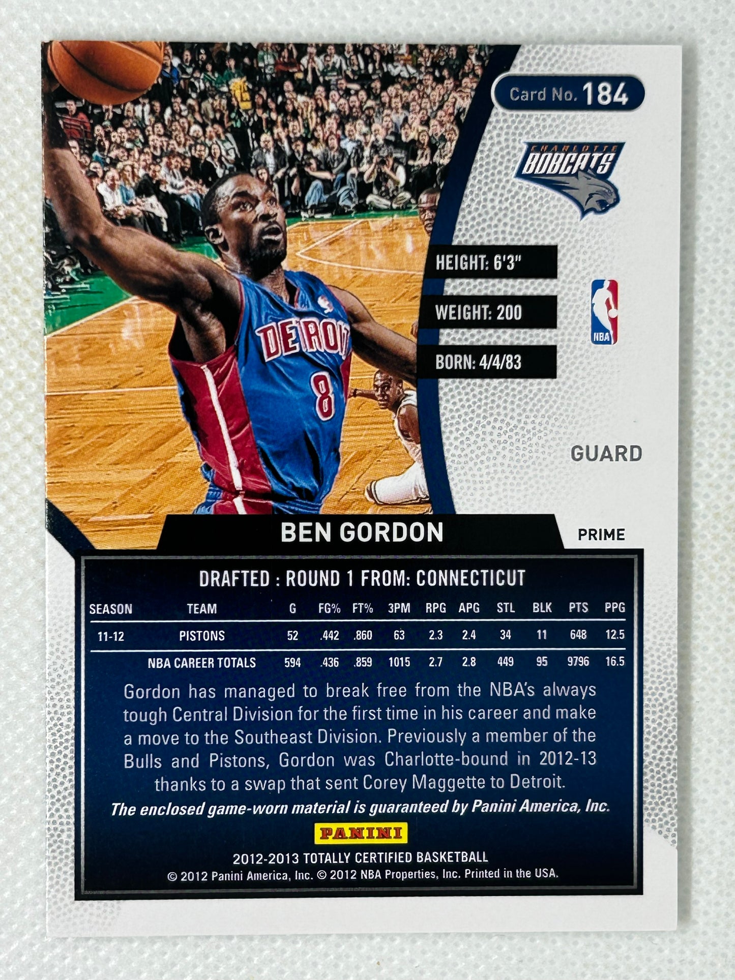 2012-13 Panini Totally Certified Green Ben Gordon Game Worn Patch #184 /5 Charlotte Bobcats Detroit Pistons