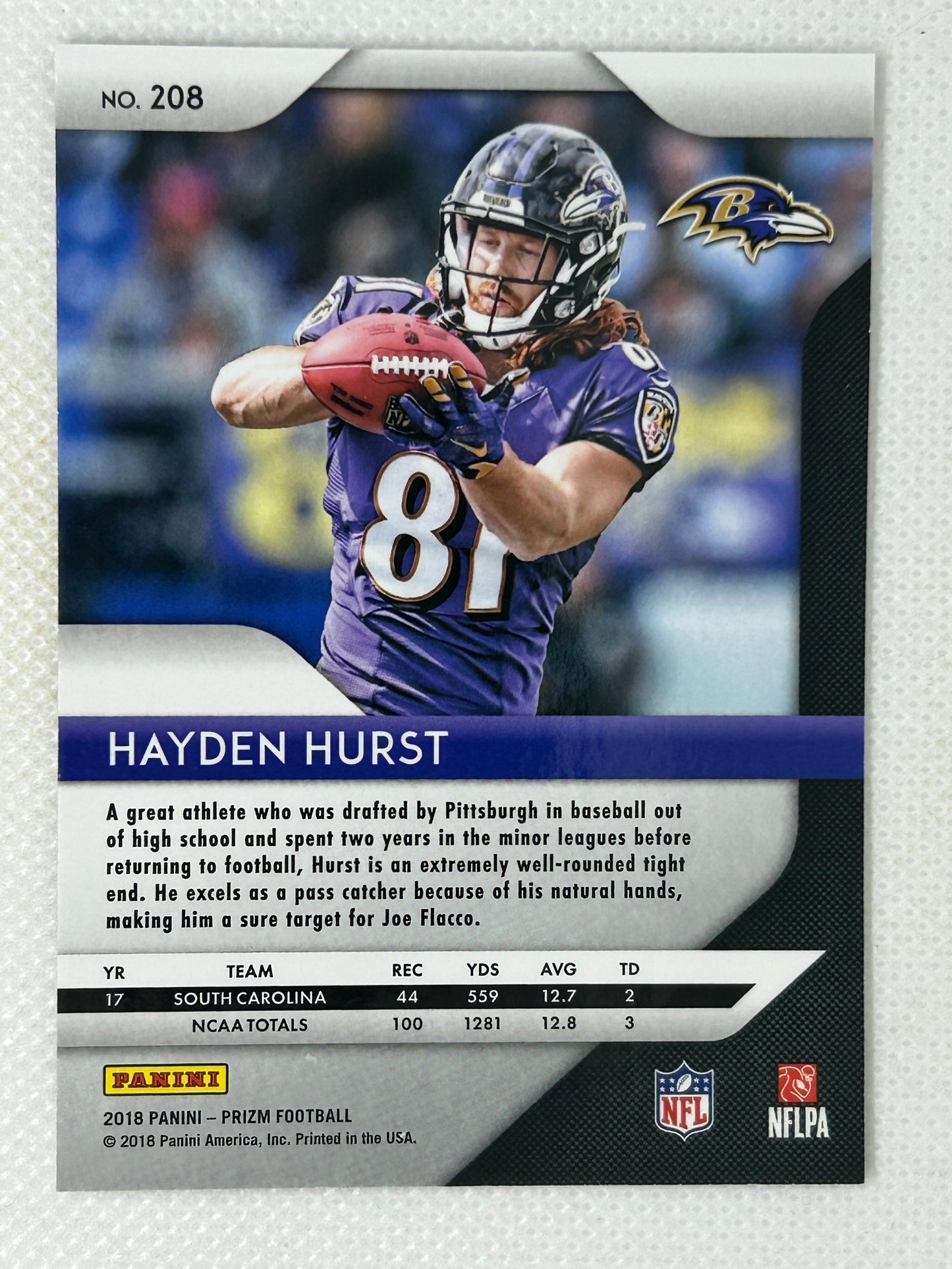 2018 Panini Prizm Rookie Card Hayden Hurst #208 Baltimore Ravens