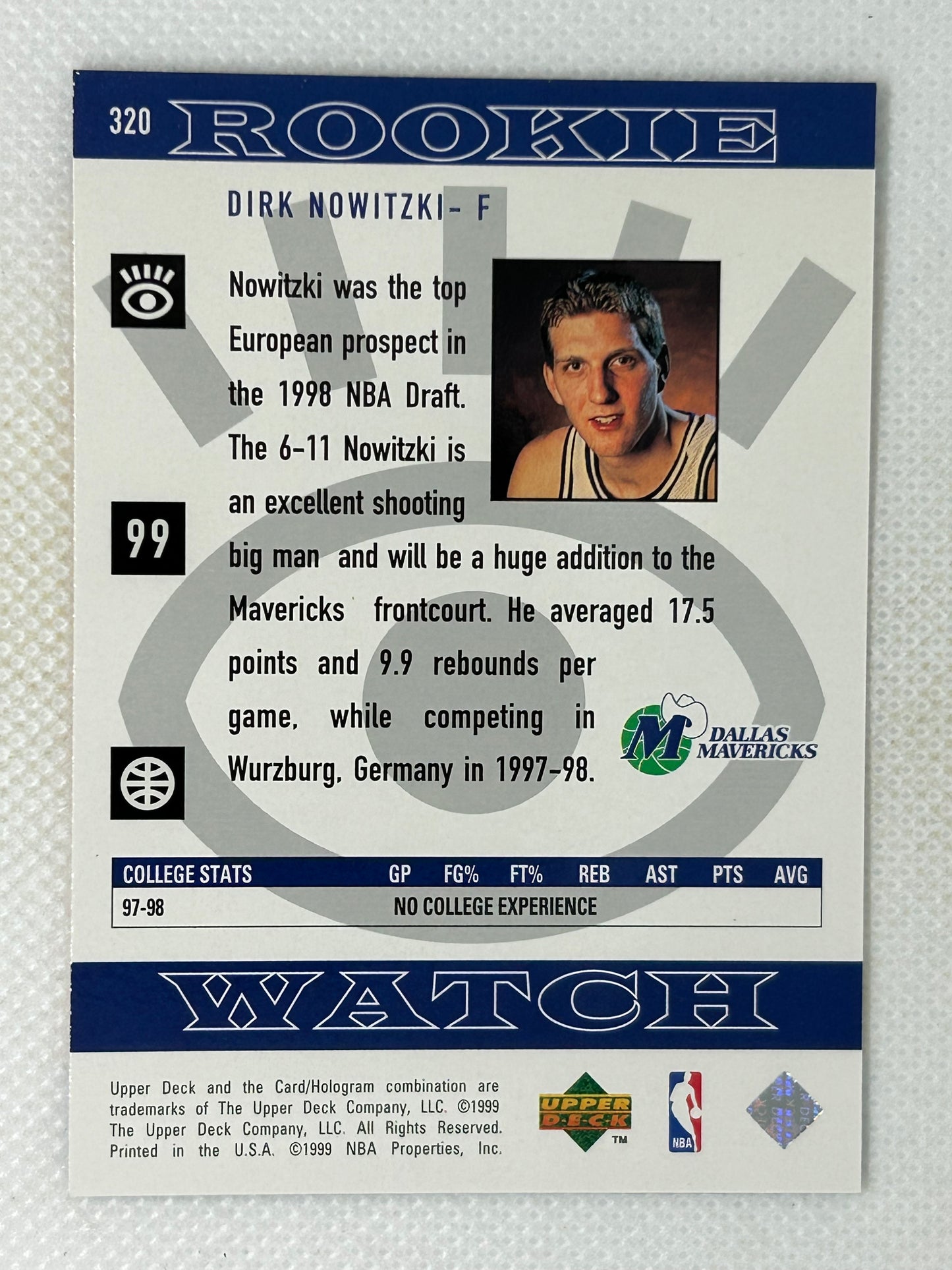 1998-99 Upper Deck Rookie Watch Dirk Nowitzki #320 Dallas Mavericks