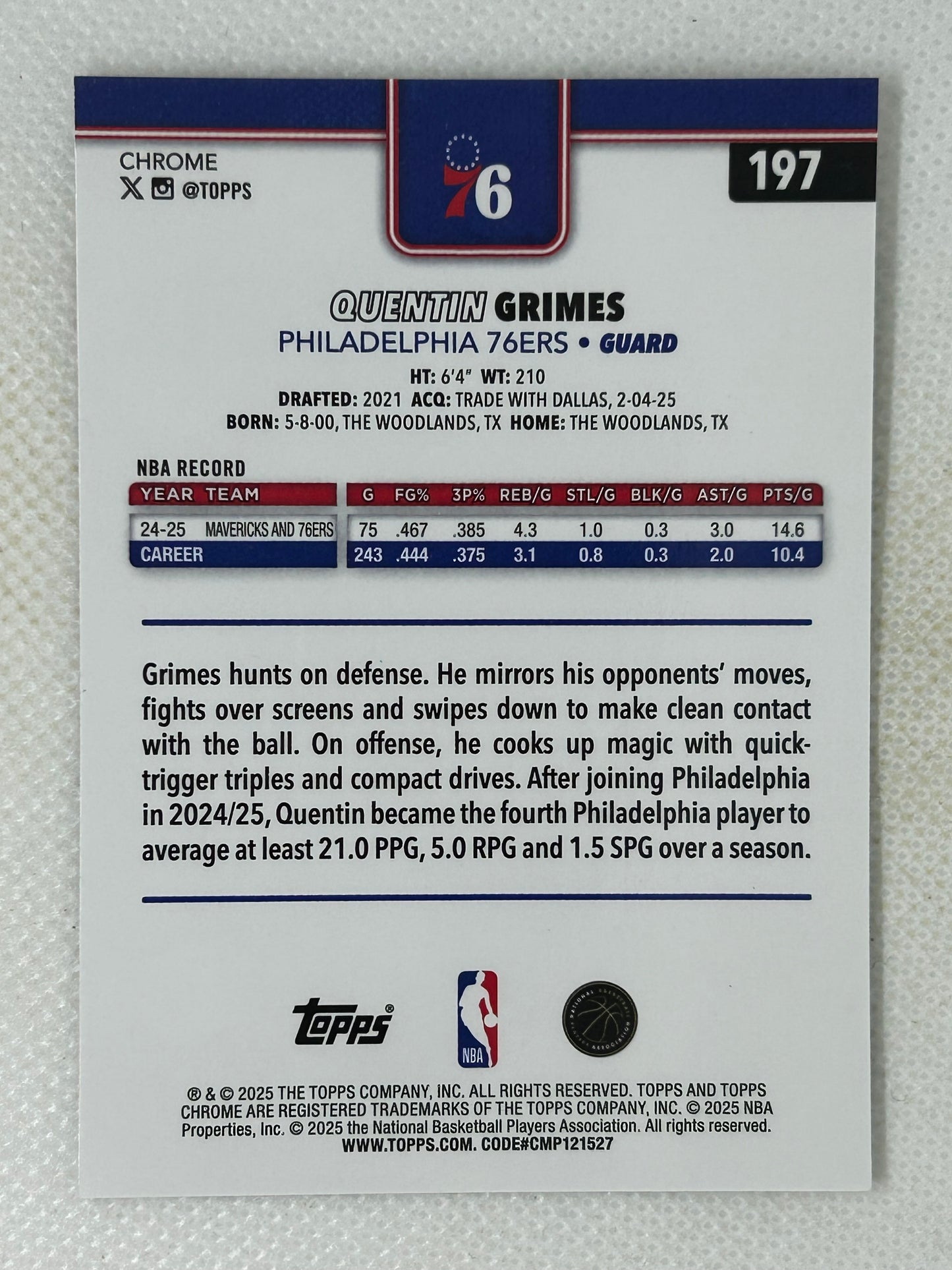 2025-26 Topps Chrome #197 Quentin Grimes Philadelphia 76ers Signed Card
