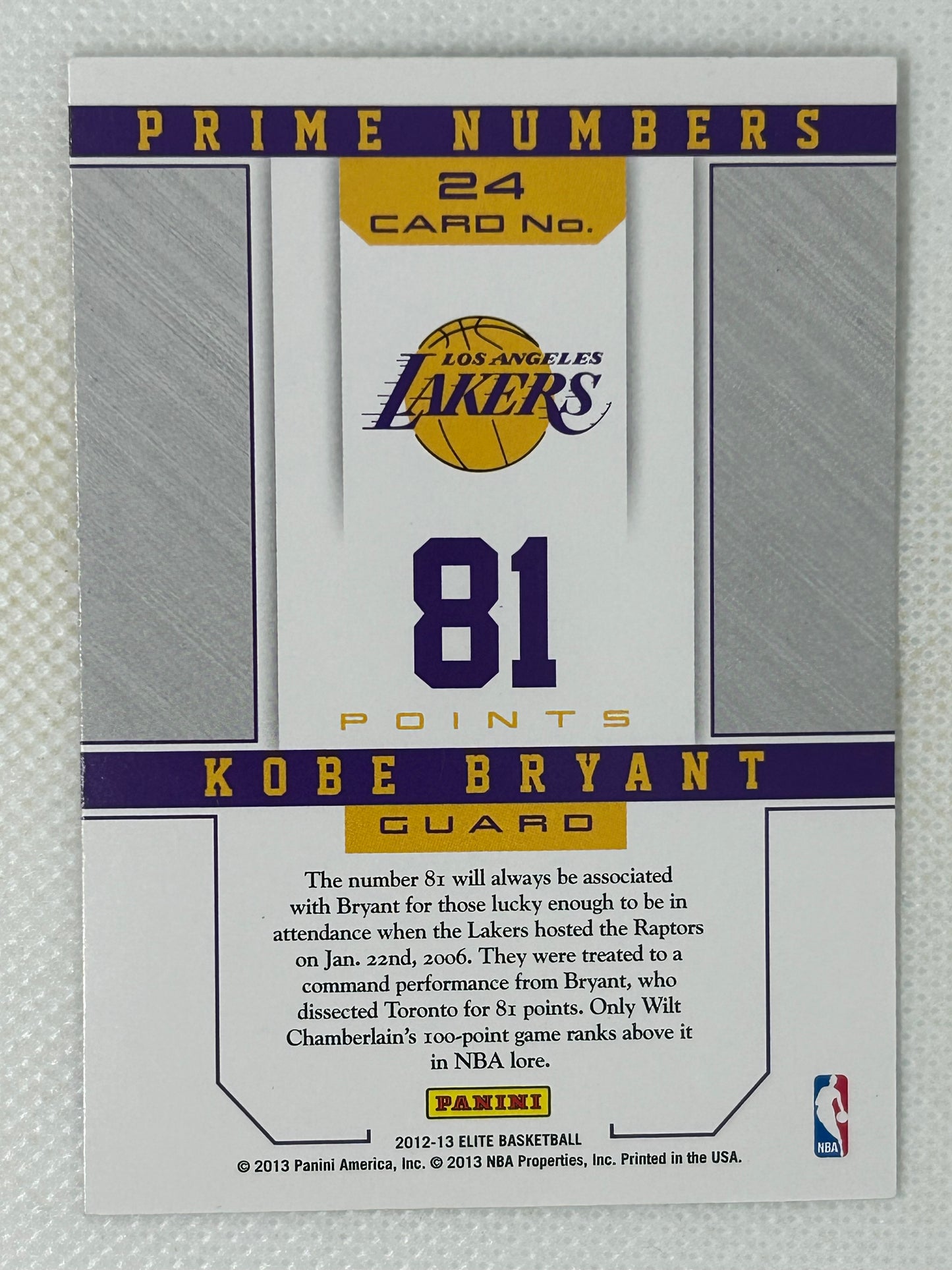 2012-13 Panini Elite Prime Numbers Kobe Bryant #24 Los Angeles Lakers