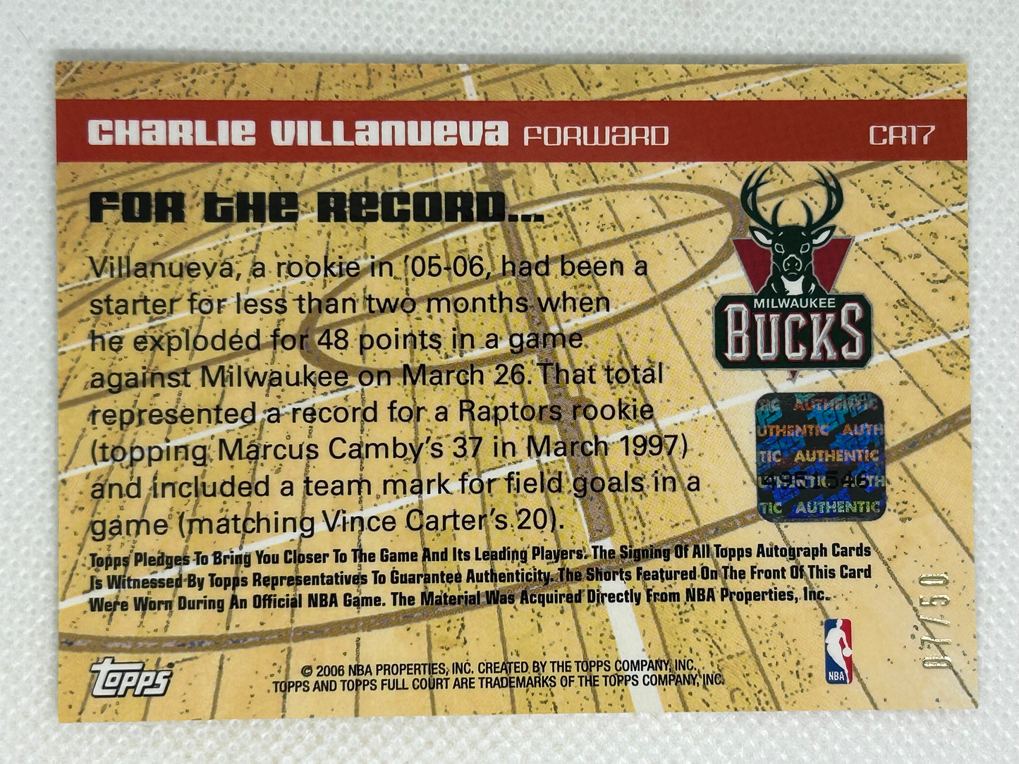 2006-07 Topps Full Court Records Autograph Relic /50 Charlie Villanueva #CR17 Toronto Raptors