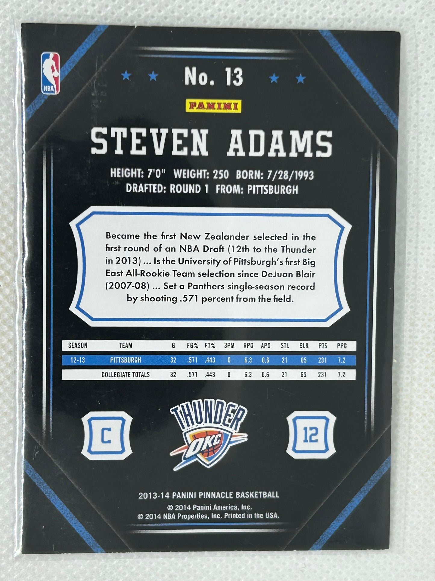 2013-14 Panini Pinnacle Rookie Card #13 Steven Adams Oklahoma City Thunder