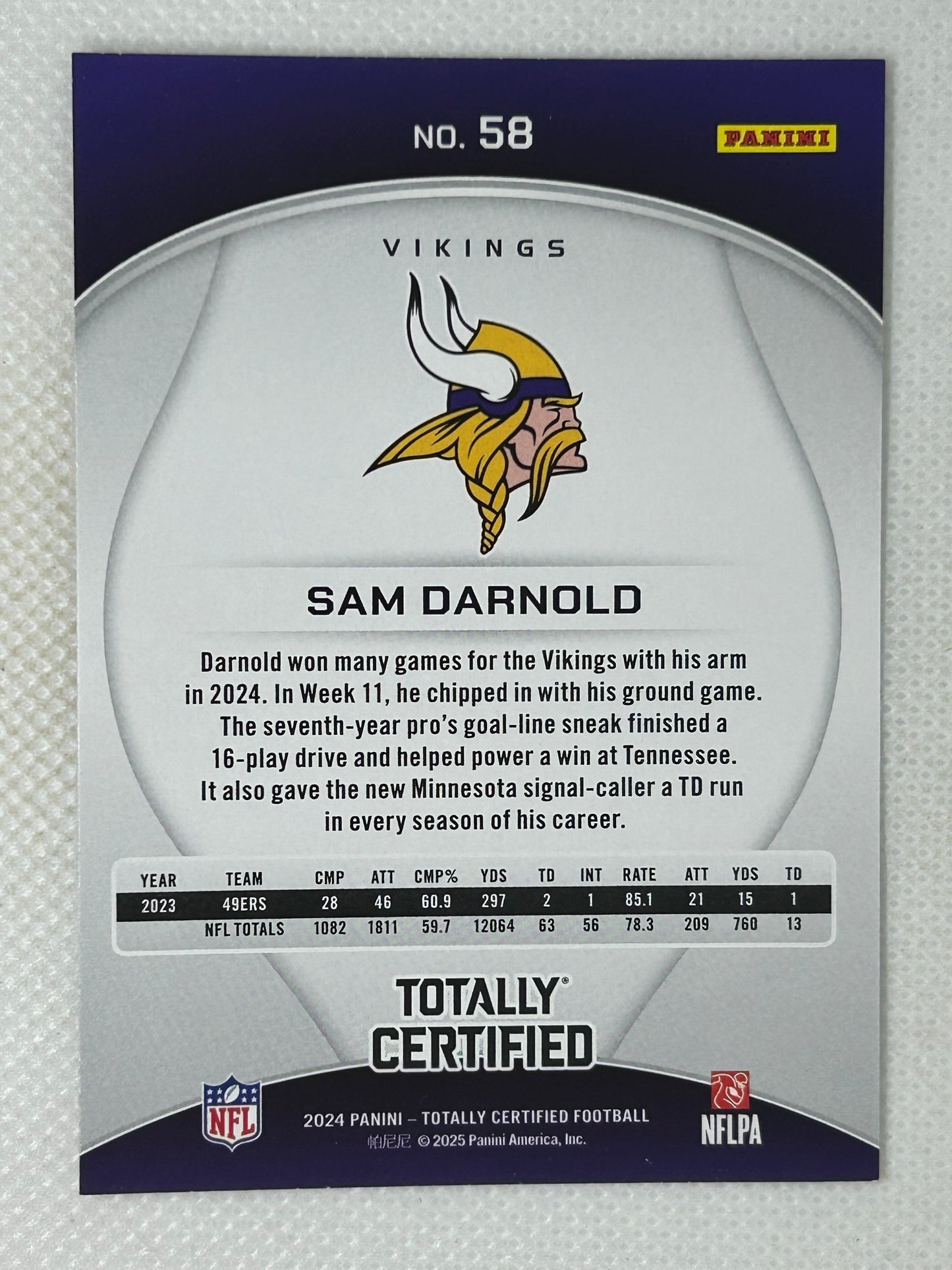 2024 Panini Totally Certified Sam Darnold #58 Minnesota Vikings