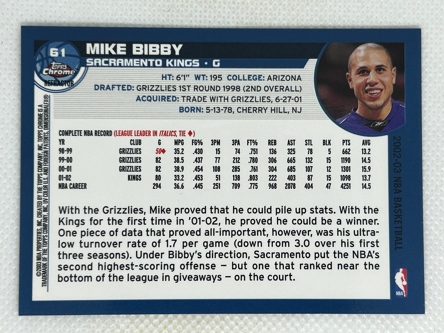2002-03 Topps Chrome Refractor Mike Bibby #61 Sacramento Kings Signed Card