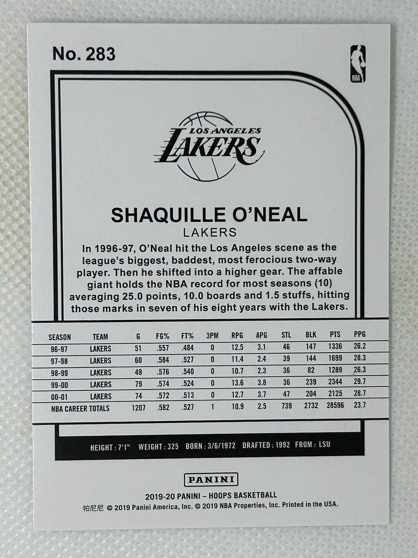 2019-20 Panini Hoops Tribute #283 Shaquille O'Neal Los Angeles Lakers Signed Card