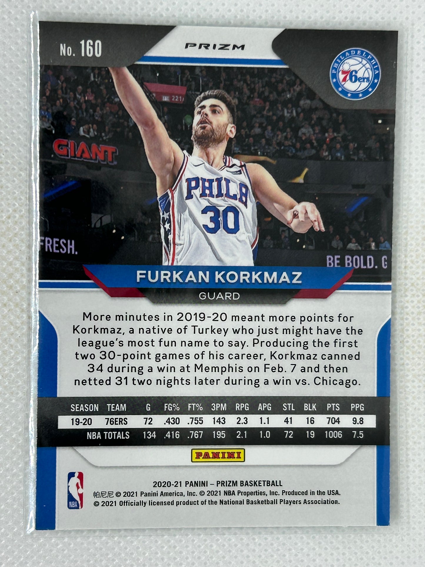2020-21 Panini Prizm Green Furkan Korkmaz #160 Philadelphia 76ers