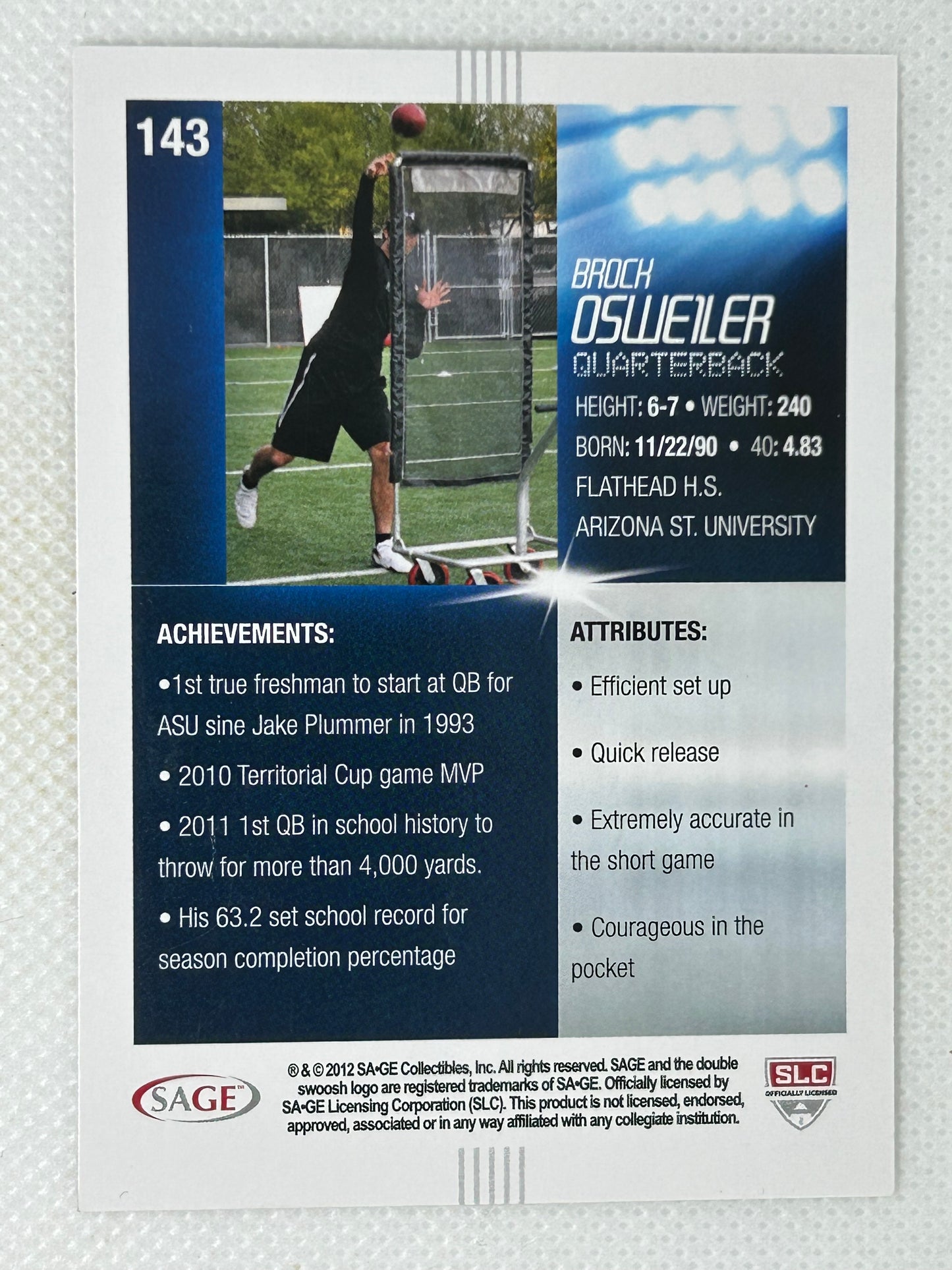 2012 Sage Hit Brock Osweiler #143 Signed Card Denver Broncos