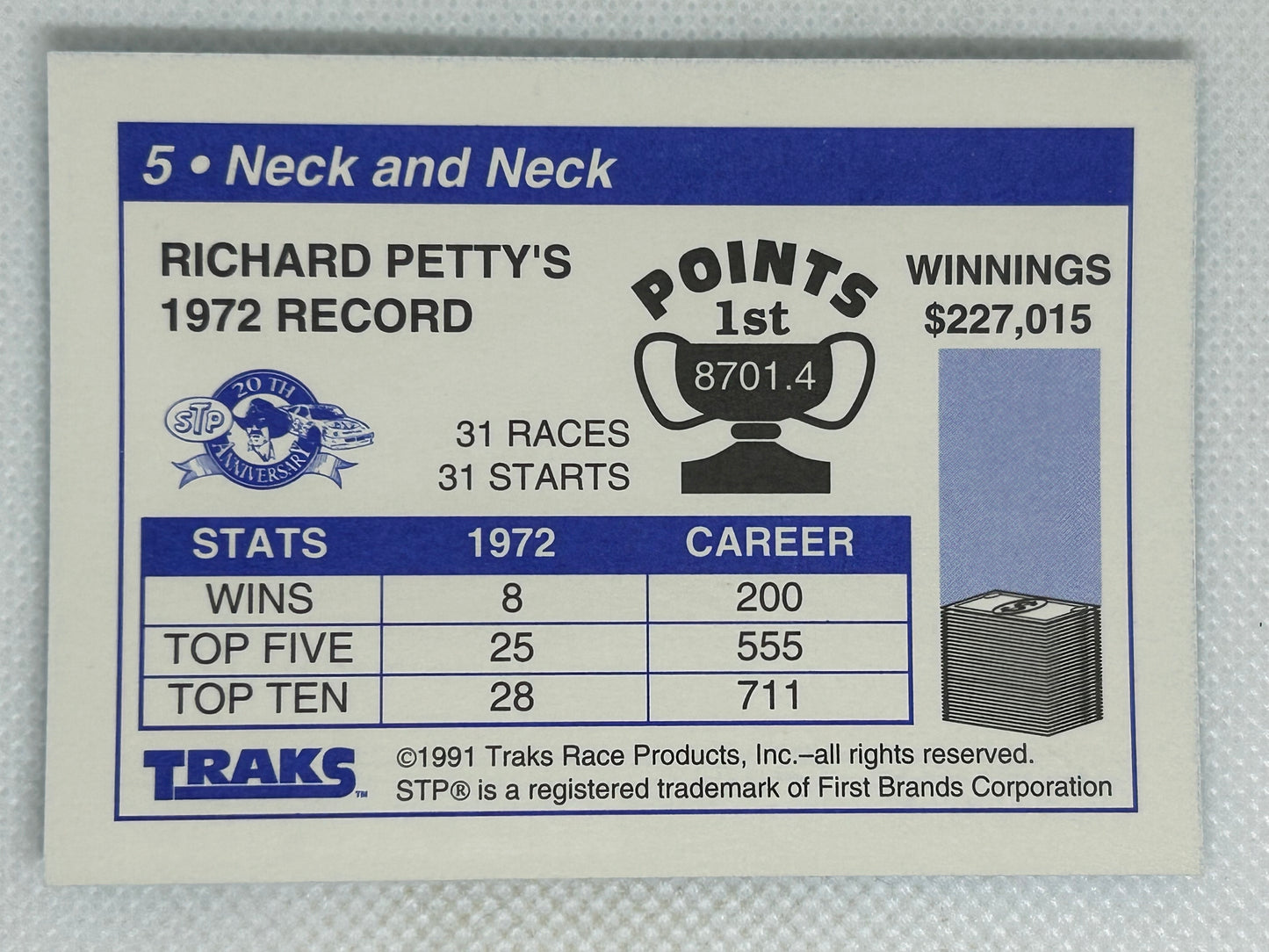 1991 Traks #5 Richard Petty Neck and Neck (Richard Petty's 1972 Record) Signed Card