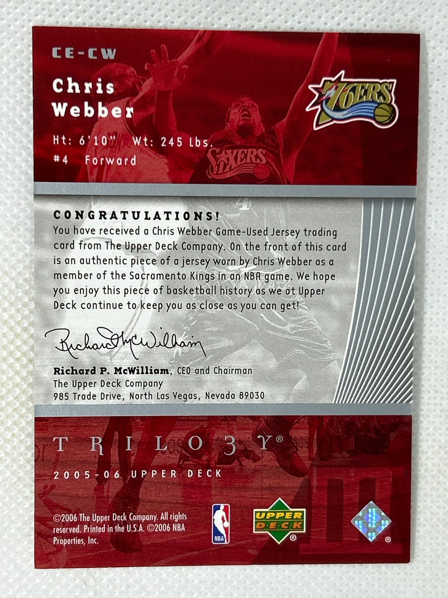 2005-06 Upper Deck Trilogy The Cutting Edge Relic #CE-CW Chris Webber Philadelphia 76ers