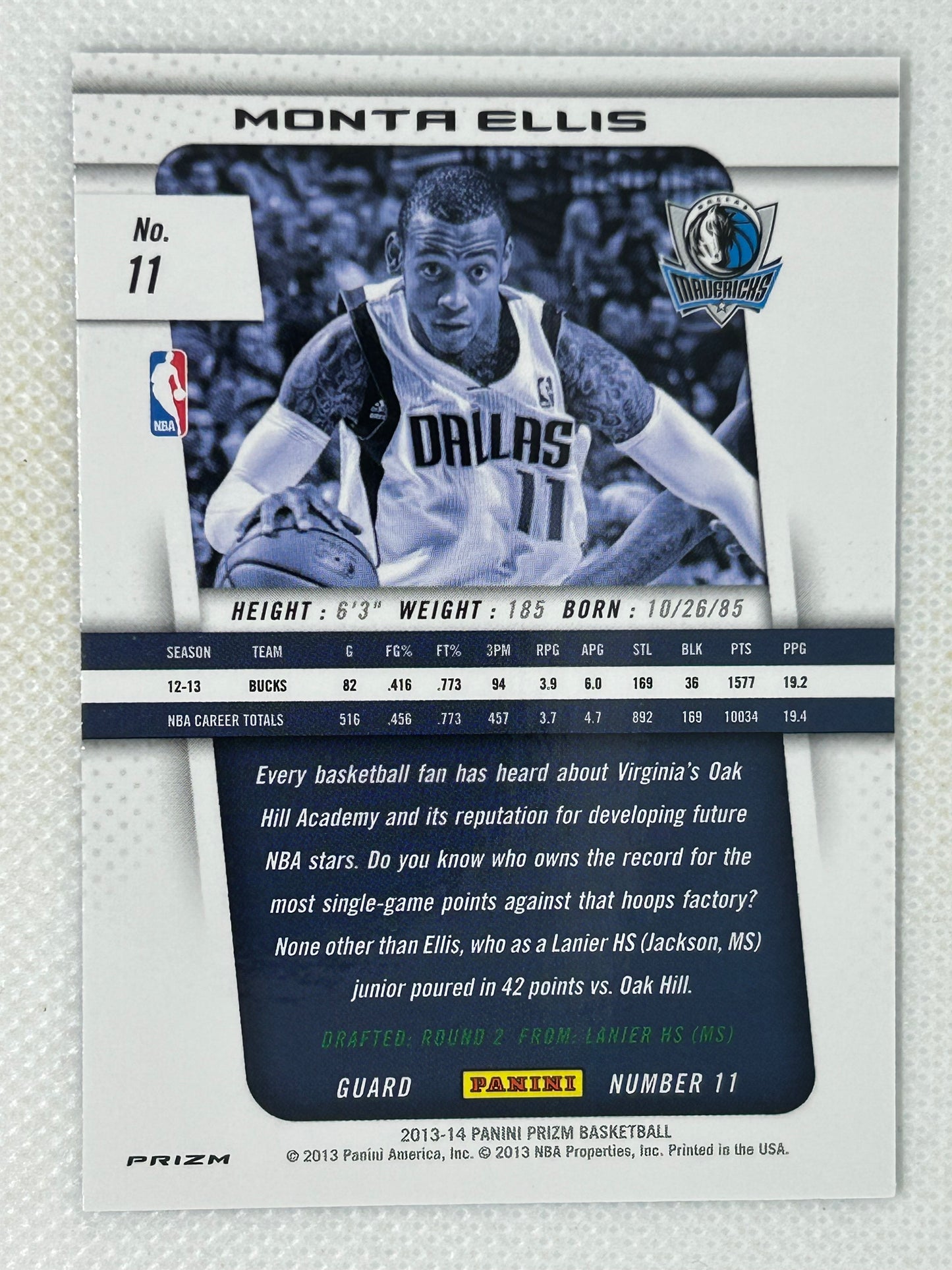 2013-14 Panini Prizm Monta Ellis Blue Prizm Color Match #11 Dallas Mavericks