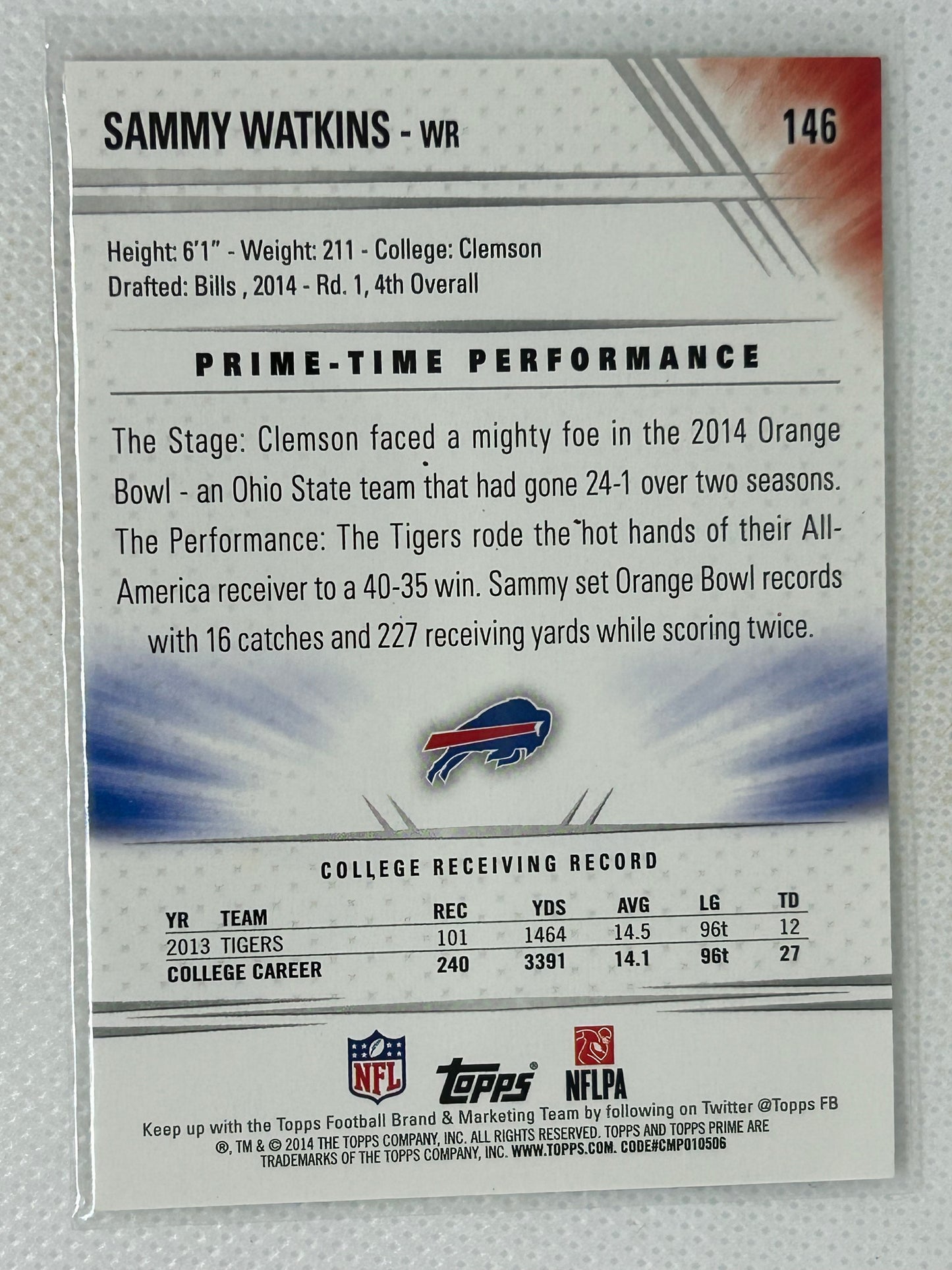 2014 Topps Prime Sammy Watkins Rookie #146 Buffalo Bills