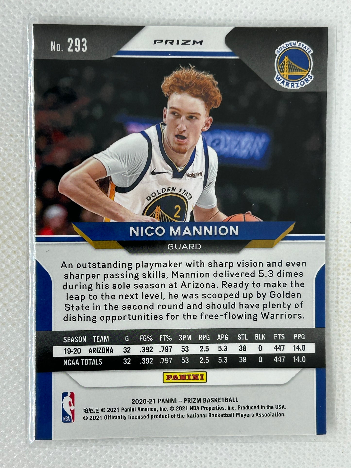 2020-21 Panini Prizm Nico Mannion RC Rookie Silver Prizm #293 Golden State Warriors