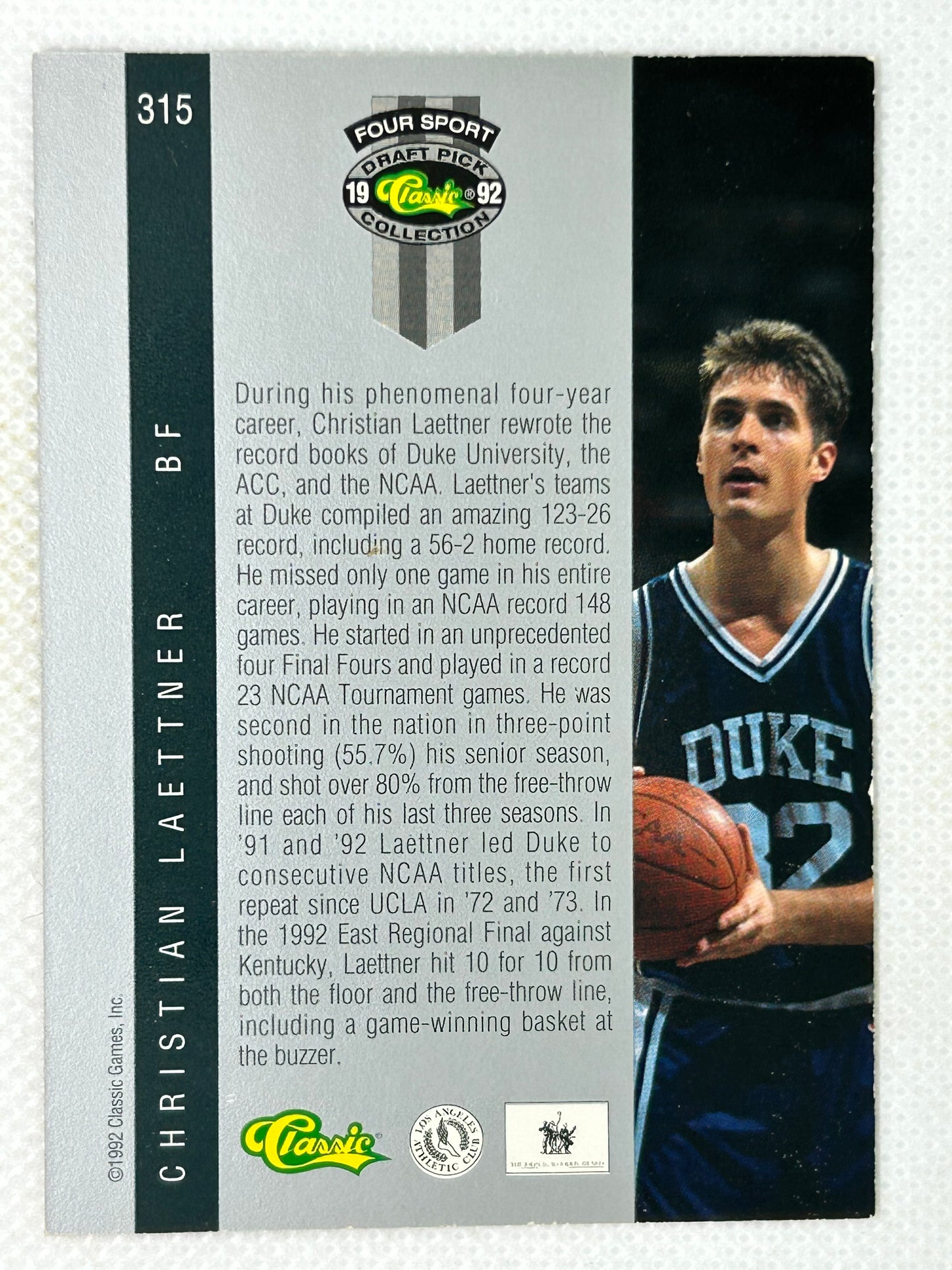1992 Classic Four Sport #315 Christian Laettner Rookie Card Duke Blue Devils