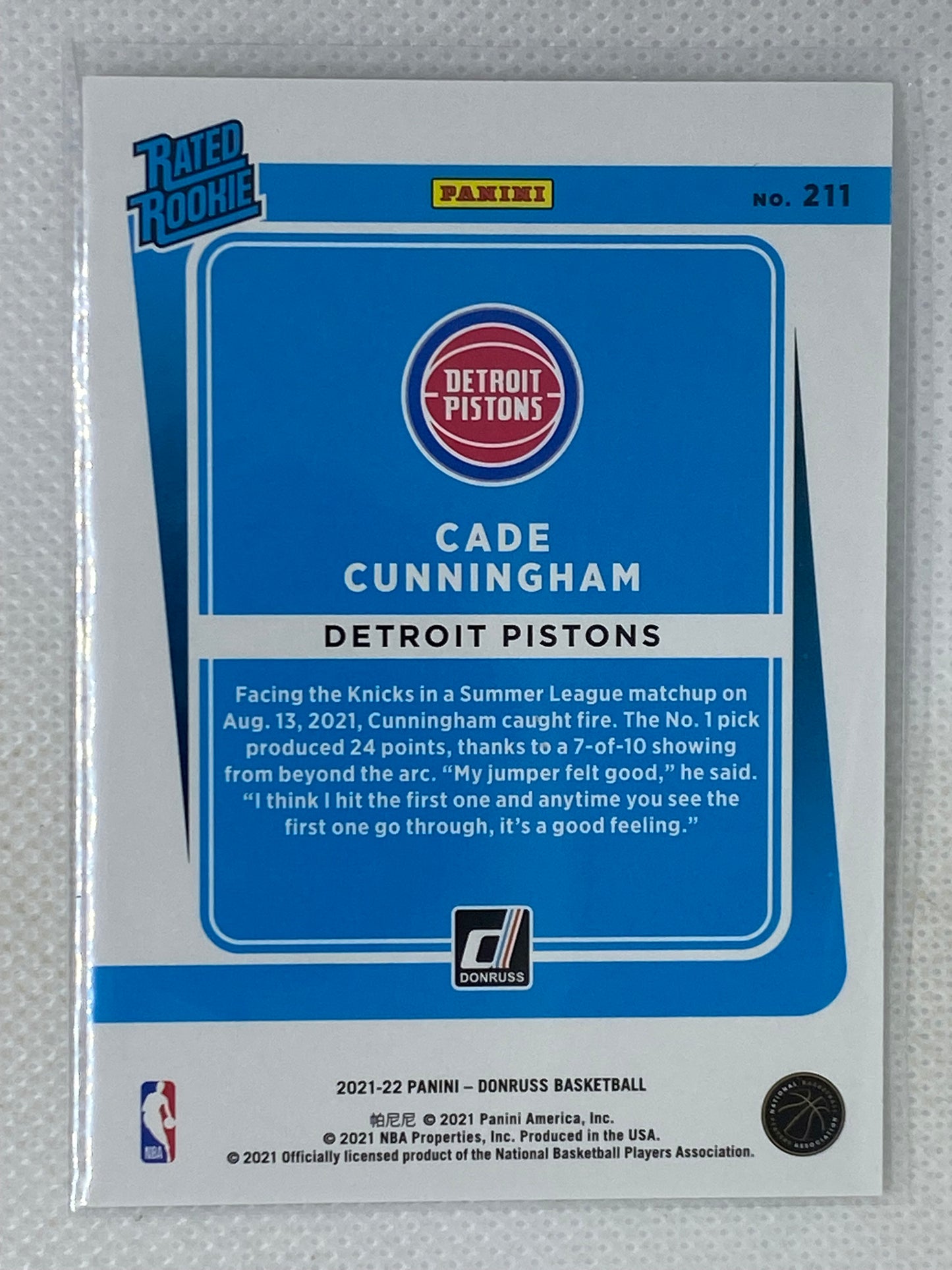 2021-22 Panini Donruss Cade Cunningham Rated Rookie Card #211 Detroit Pistons