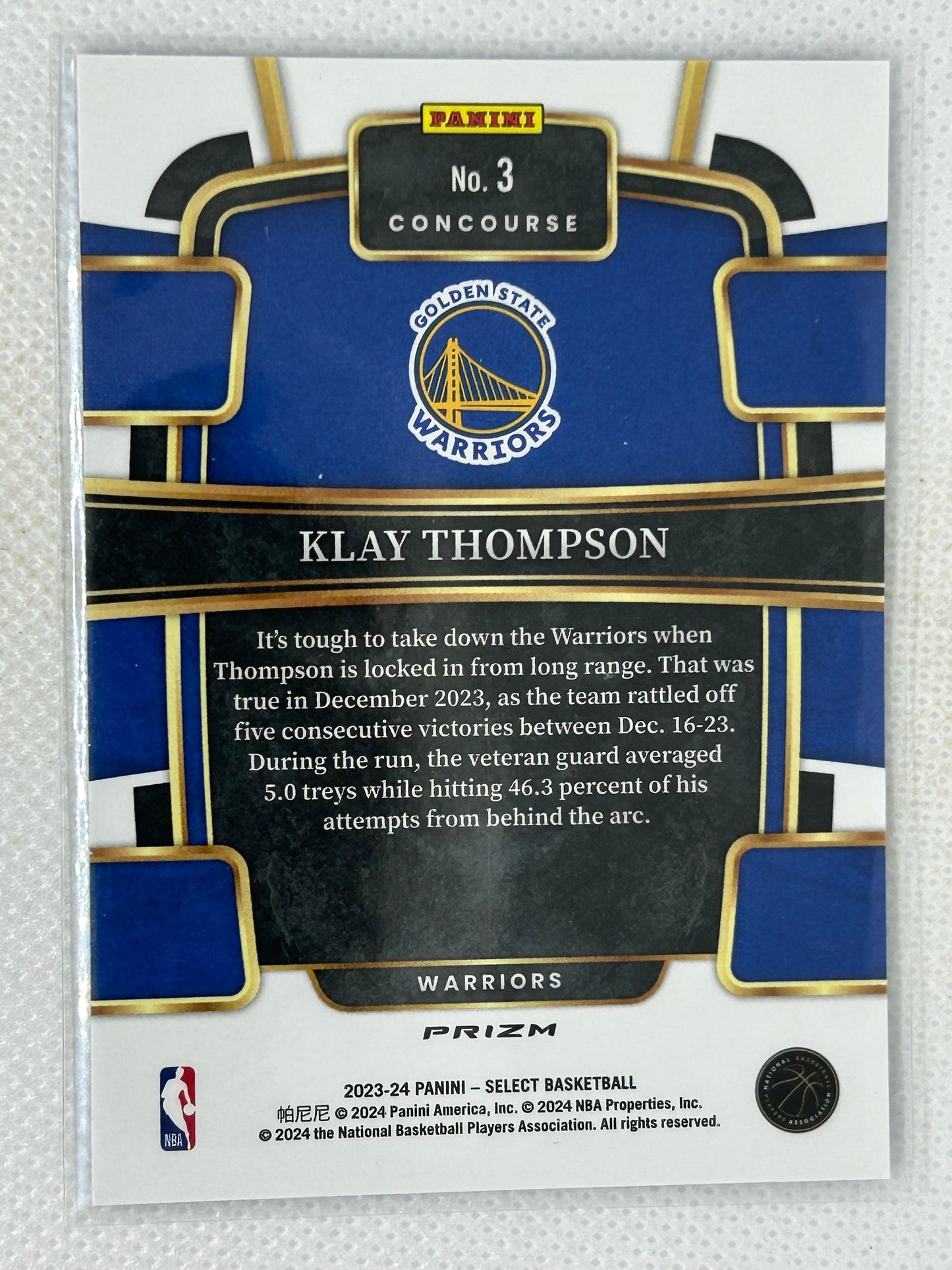2023-24 Panini Select Blue Silver #3 Klay Thompson Golden State Warriors