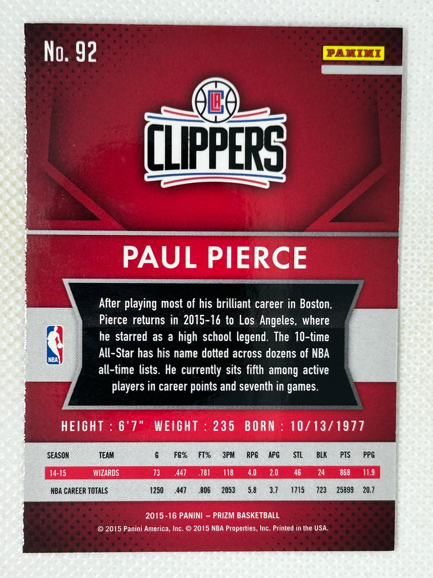 2015-16 Panini Prizm Paul Pierce #92 Los Angeles Clippers Signed Card