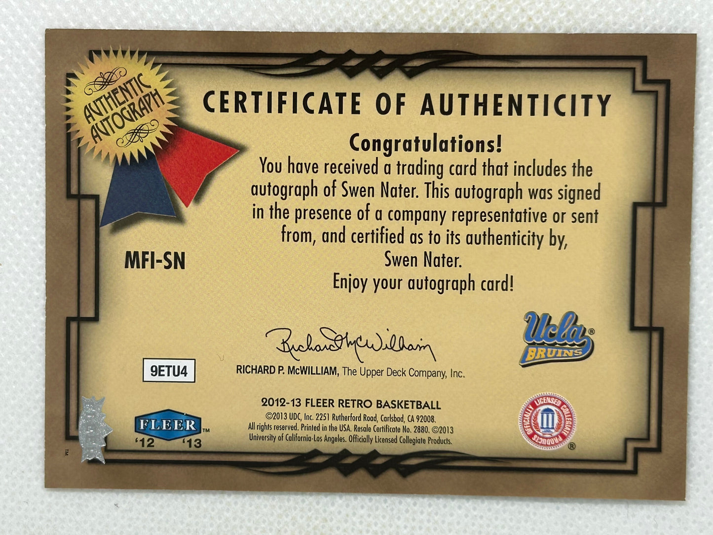 2012-13 Fleer Retro 1999-00 Fleer Mystique Fresh Ink Autograph Swen Nater #MFI-SN UCLA Bruins
