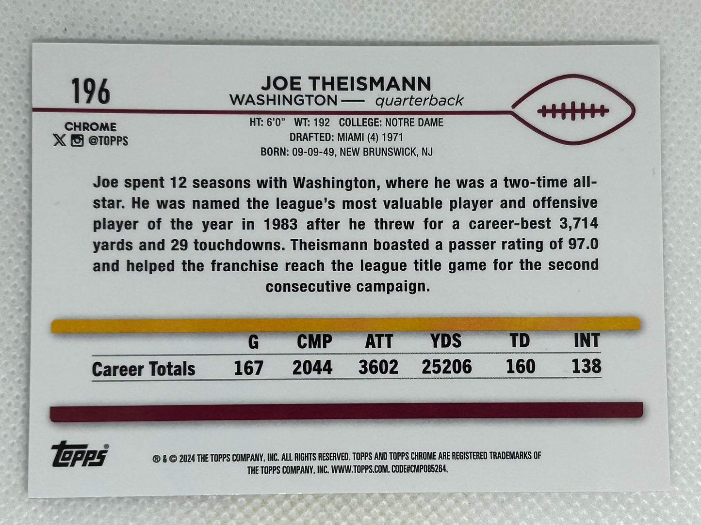 2024 Topps Chrome Joe Theisman #196 Washington Redskins Signed Card