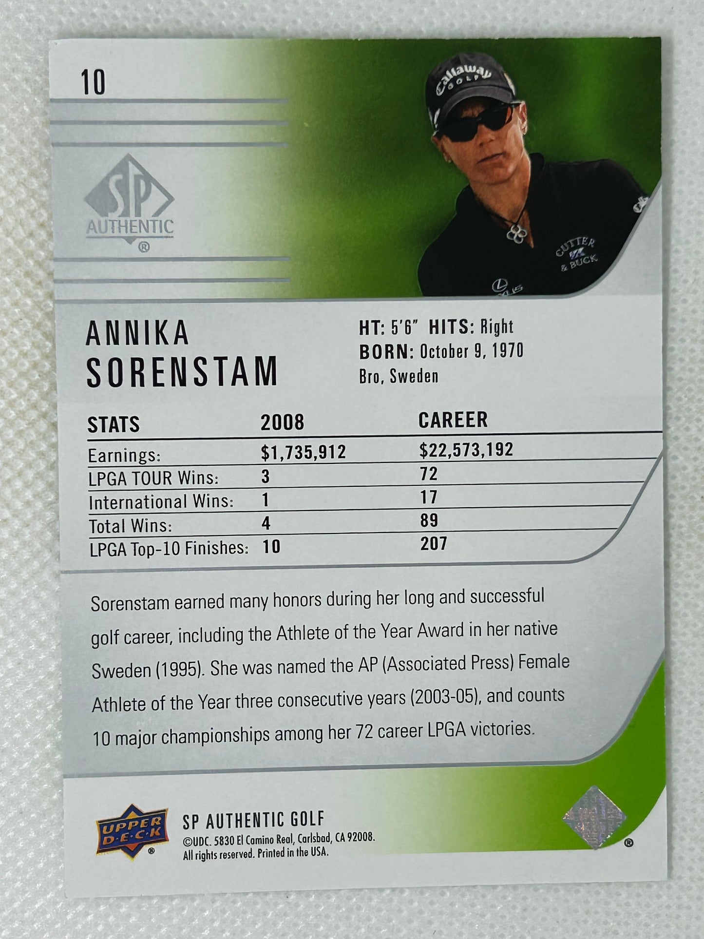 2020 SP Authentic Golf Annika Sorenstam #10 Signed Card