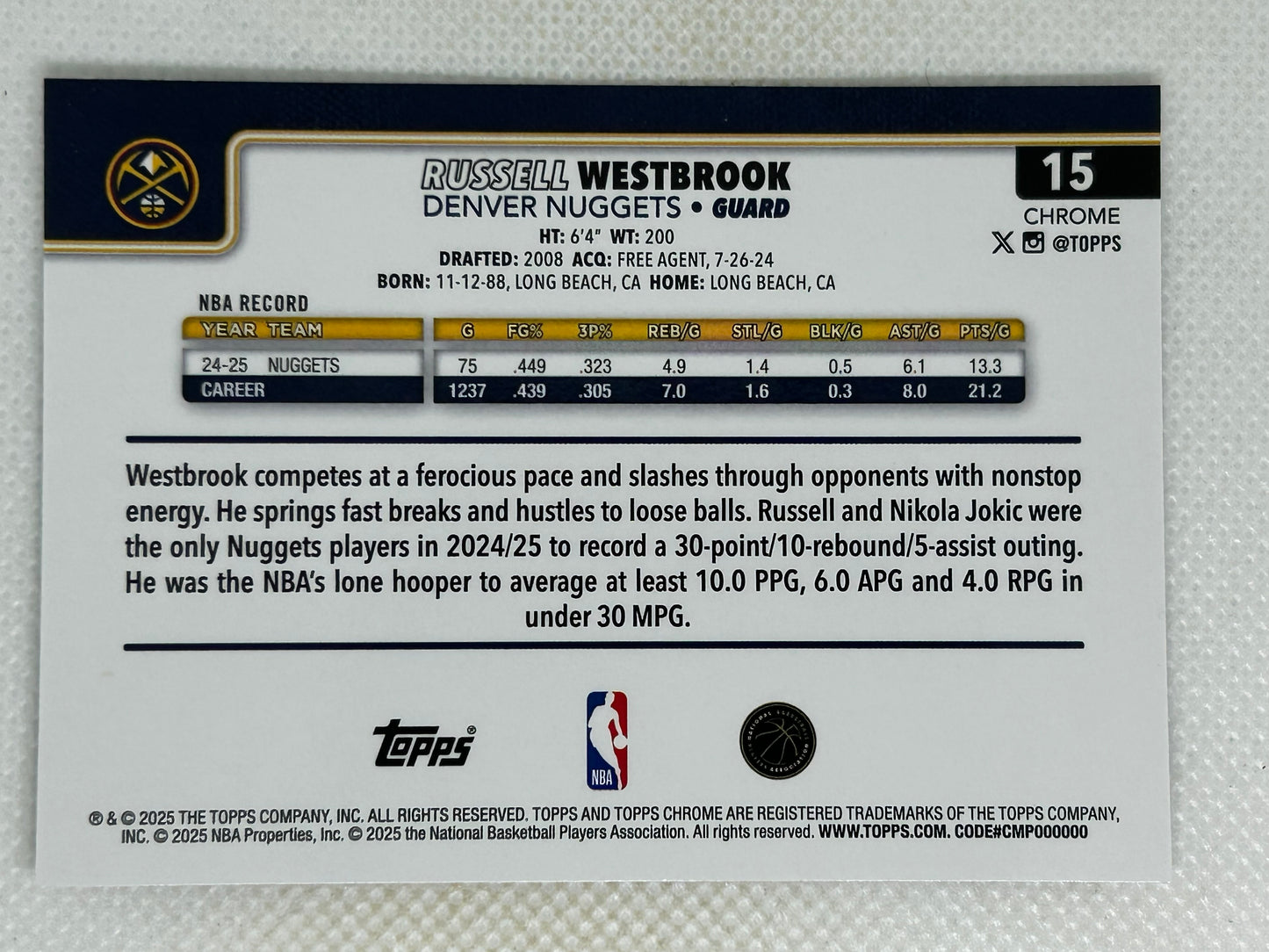 2025-26 Topps Chrome X-Fractor Russell Westbrook #15 Denver Nuggets