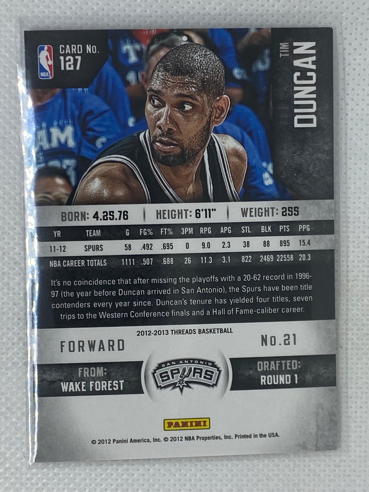 2012-13 Panini Threads Tim Duncan #127 San Antonio Spurs