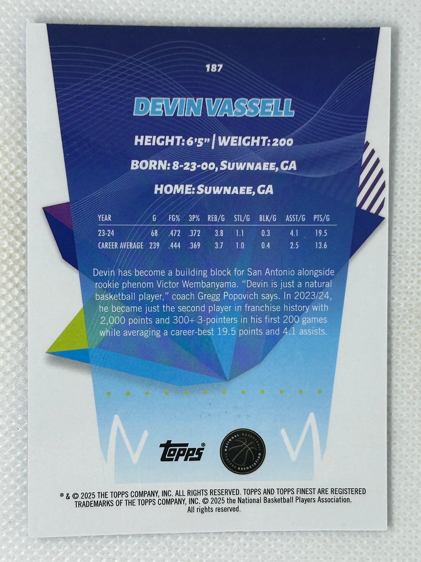 2025 Topps Finest Devin Vassell Blue Refractor /125 #187 San Antonio Spurs