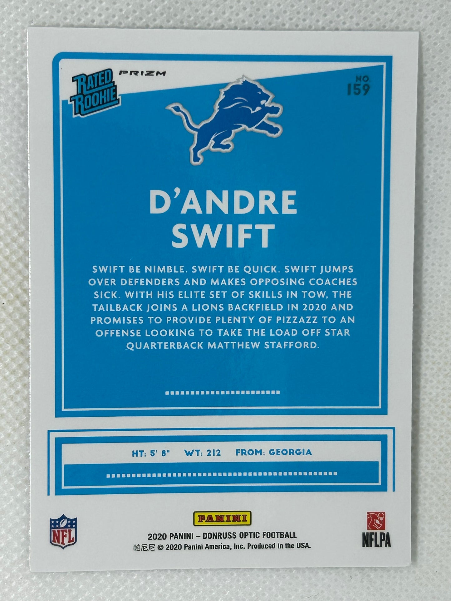 2020 Panini Optic Silver Prizm Holo Rated Rookie #159 D'Andre Swift Detroit Lions