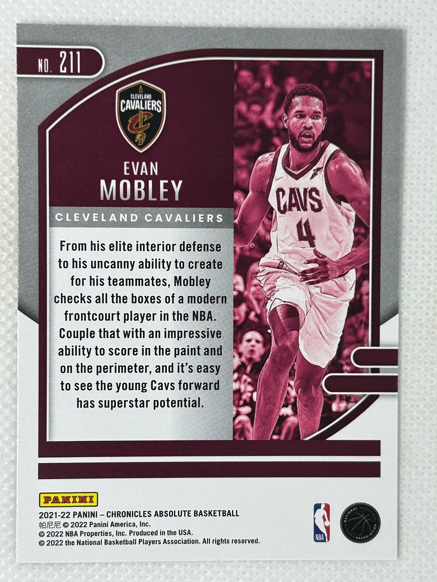 2021-22 Panini Absolute Memorabilia Evan Mobley Rookie Card #211 Cleveland Cavaliers