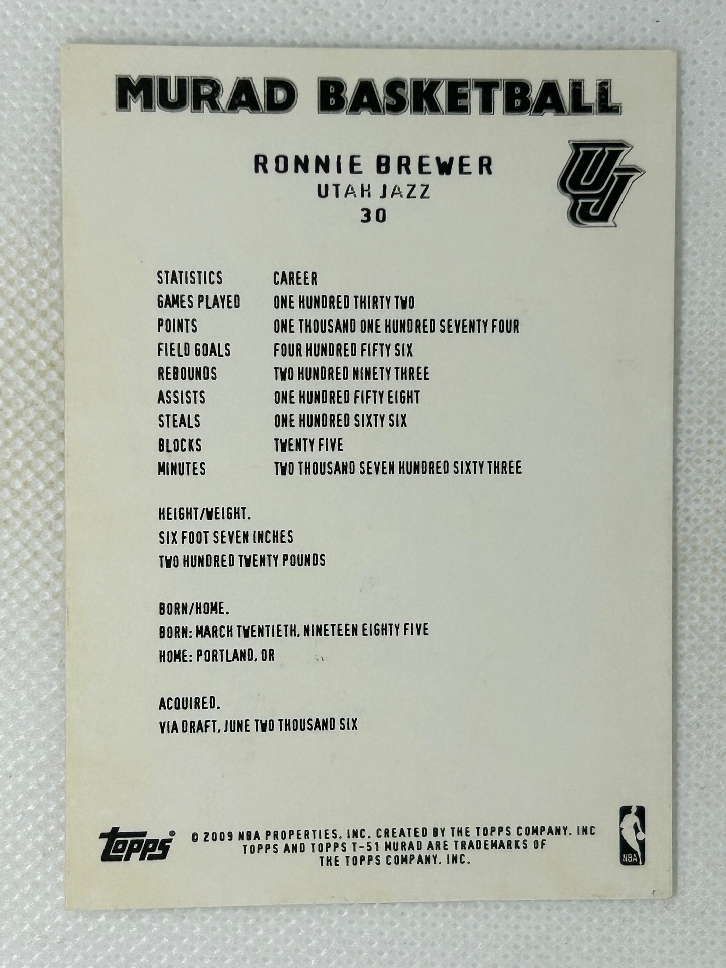 2008-09 Topps T51 Murad #30 Ronnie Brewer Utah Jazz Signed Card