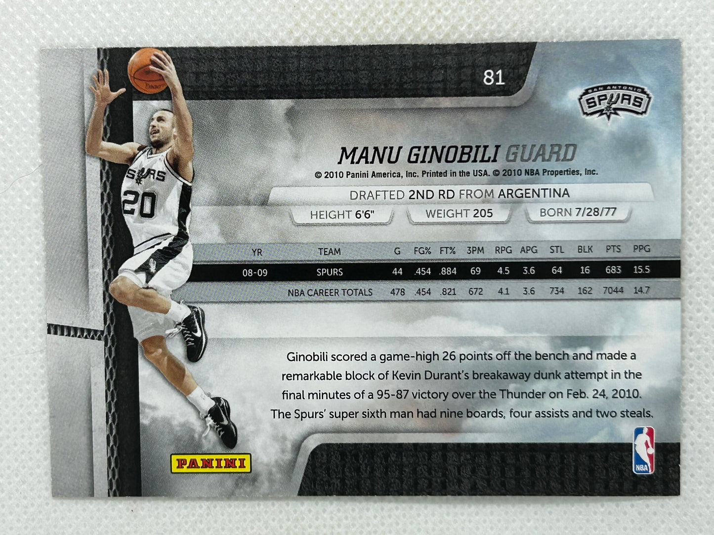 2009-10 Panini Absolute Memorabilia Manu Ginobili #81 San Antonio Spurs