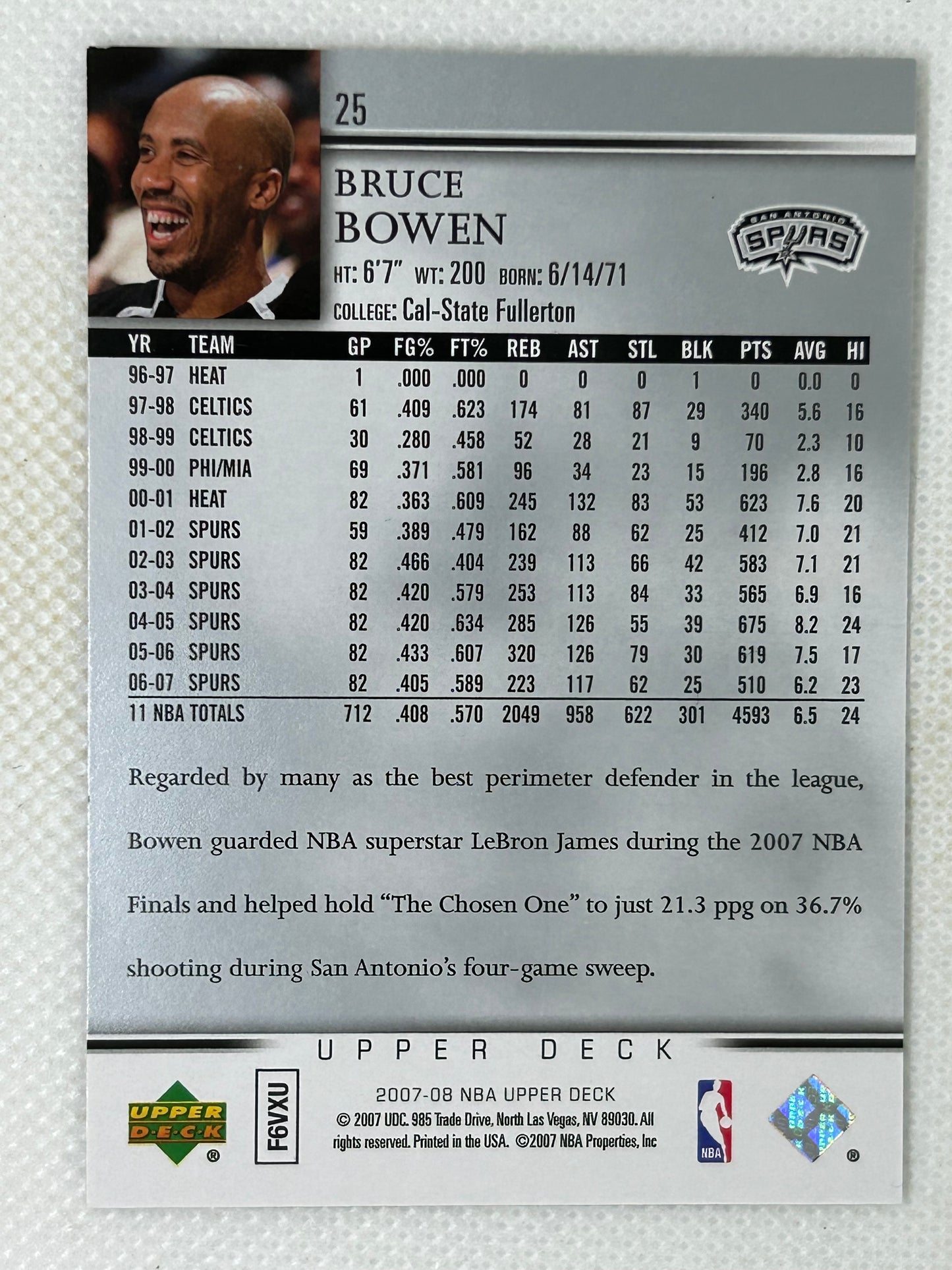 2007-08 Upper Deck #25 Bruce Bowen San Antonio Spurs Signed Card