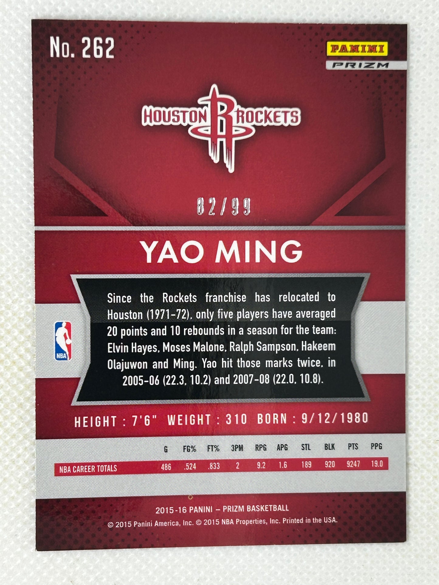 2015-16 Panini Prizm Purple Prizm /99 Yao Ming #262 HOF Houston Rockets