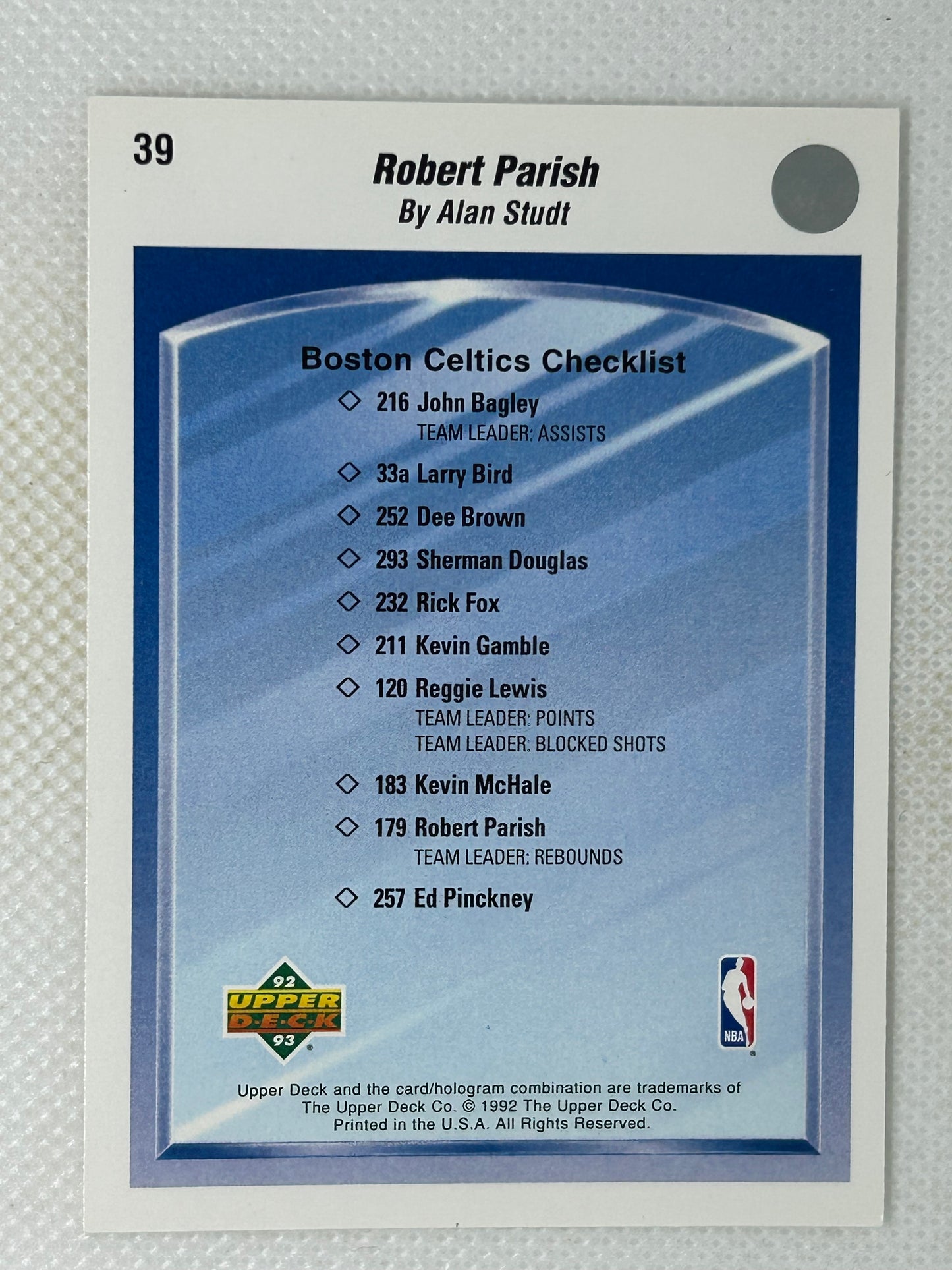 1991-92 Upper Deck Checklist Robert Parish #39 Boston Celtics Signed Card